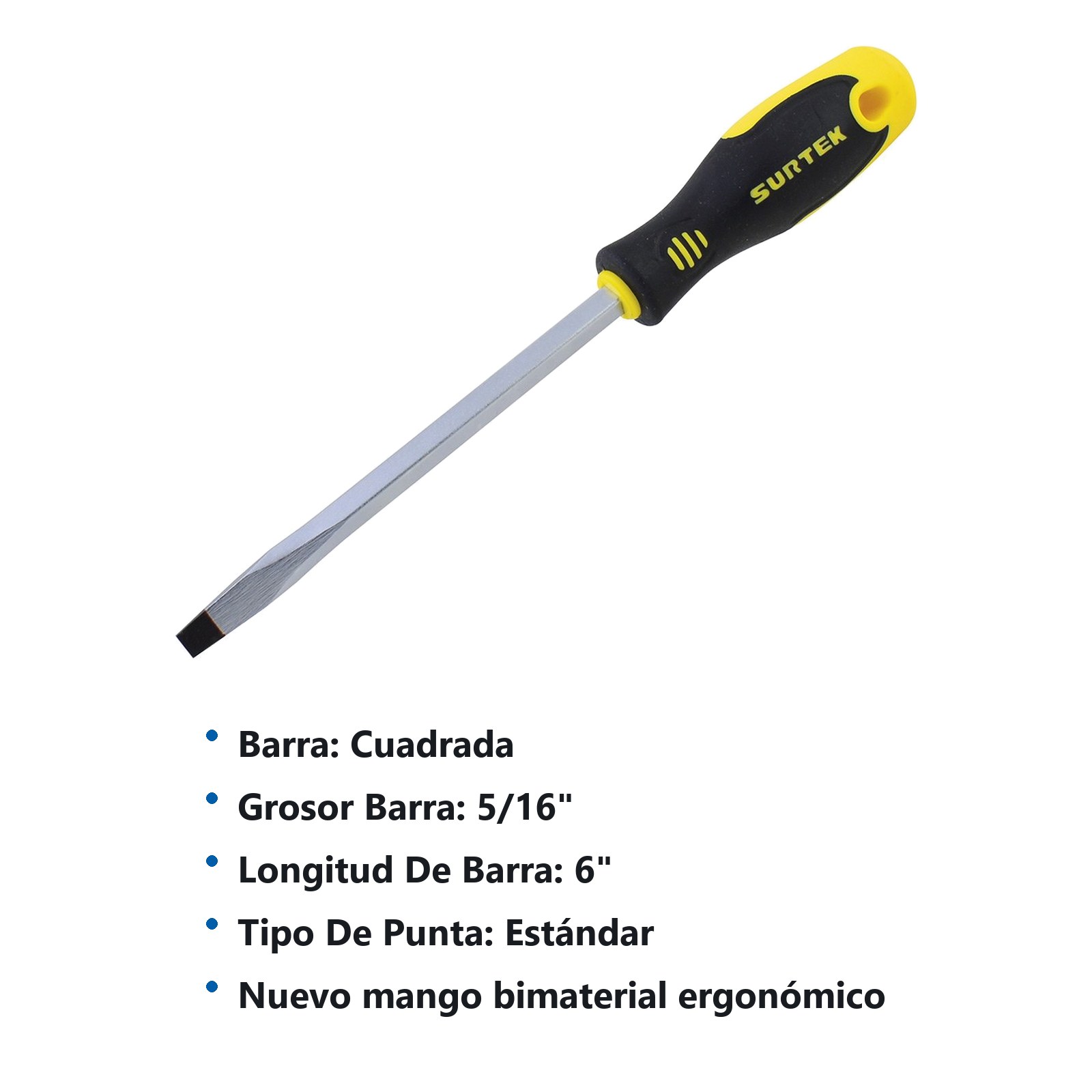Destornillador con mango bimaterial, punta plana barra cuadrada 5/16" x 6" Surtek - Imagen 3
