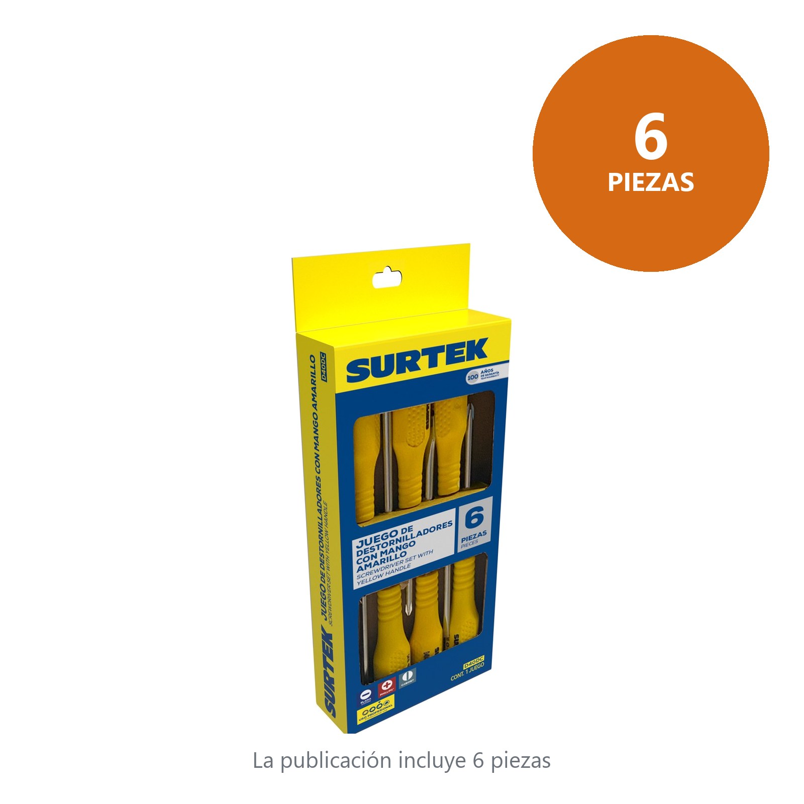 Juego de destornilladores con mango amarillo combinados, 6 piezas en caja Surtek - Imagen 2