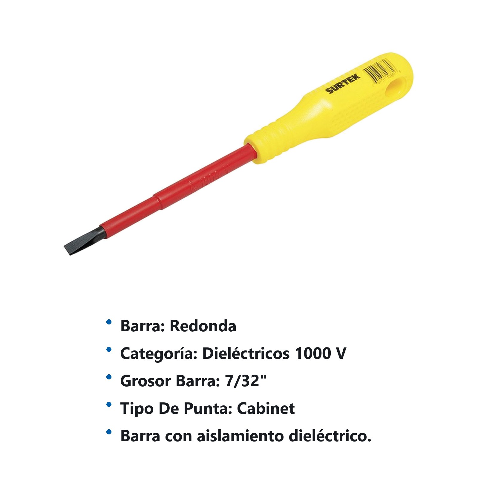 Destornillador con mango amarillo dieléctrico, punta cabinet 1000 V de 7/32" x 5" Surtek - Imagen 3