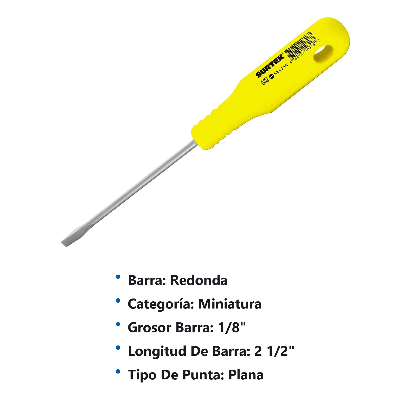 Destornillador con mango amarillo, mini punta plana barra redonda 1/8" x 2-1/2" Surtek - Imagen 3