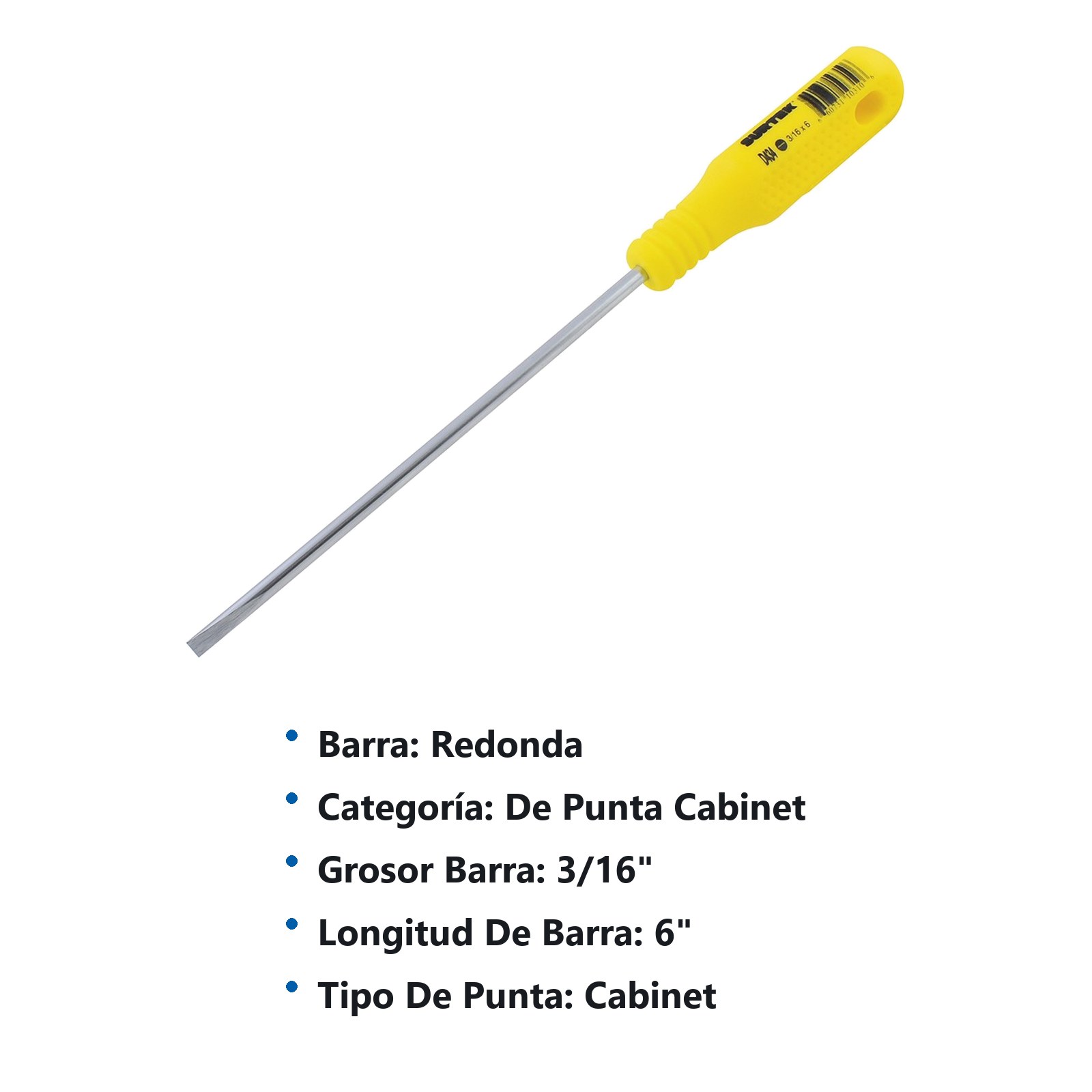 Destornillador con mango amarillo, punta cabinet barra redonda 3/16" x 6" Surtek - Imagen 3