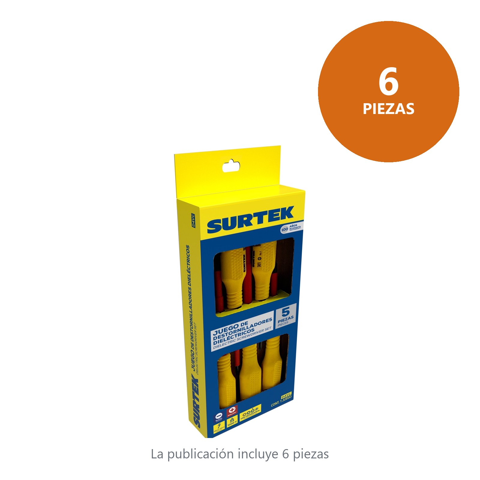 Juego de destornilladores con mango amarillo dieléctricos 1000 V combinados, 5 piezas con caja Surtek - Imagen 2
