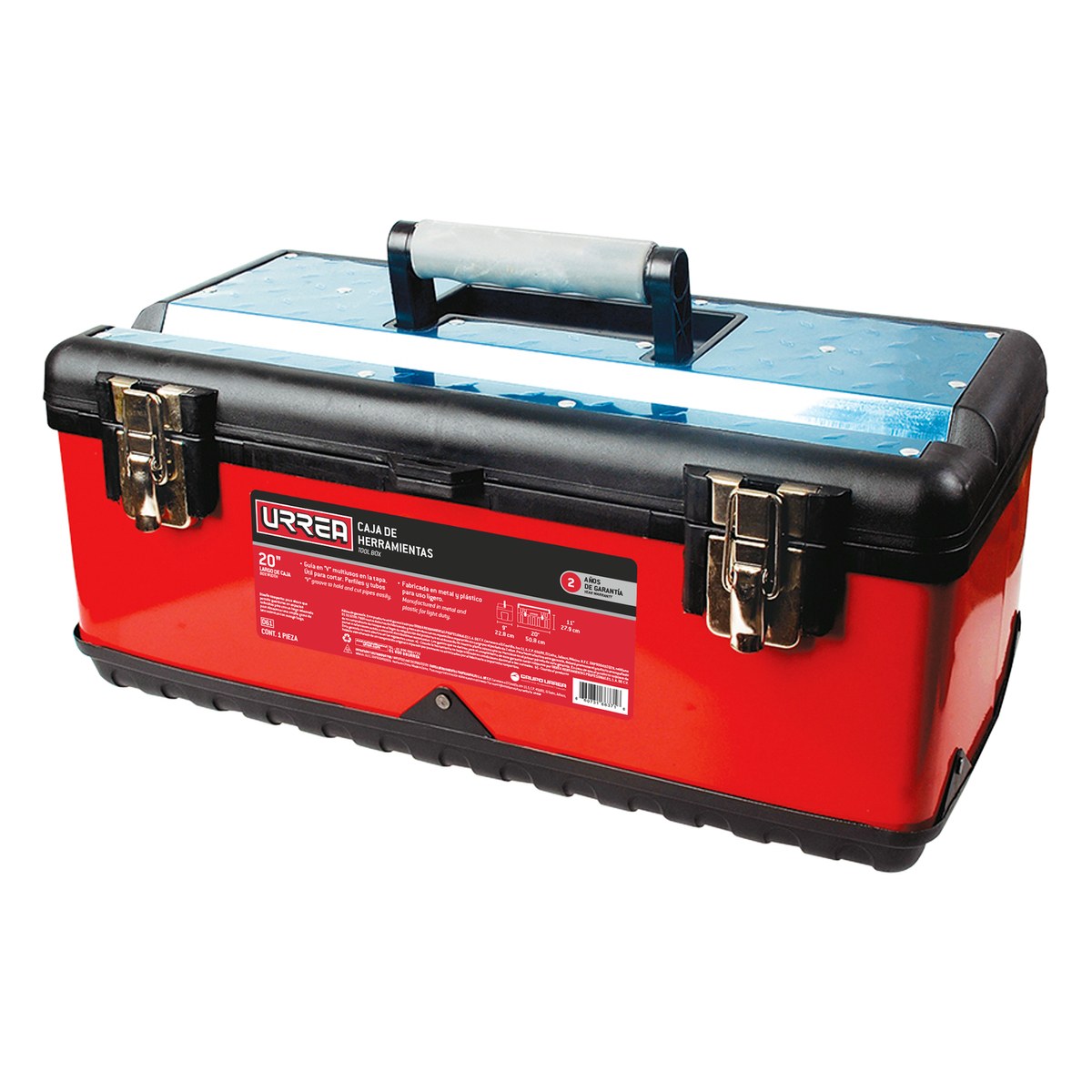 Caja portaherramientas metálica-plástica color rojo/negro 20" x 11" x 8" Urrea - Imagen 2