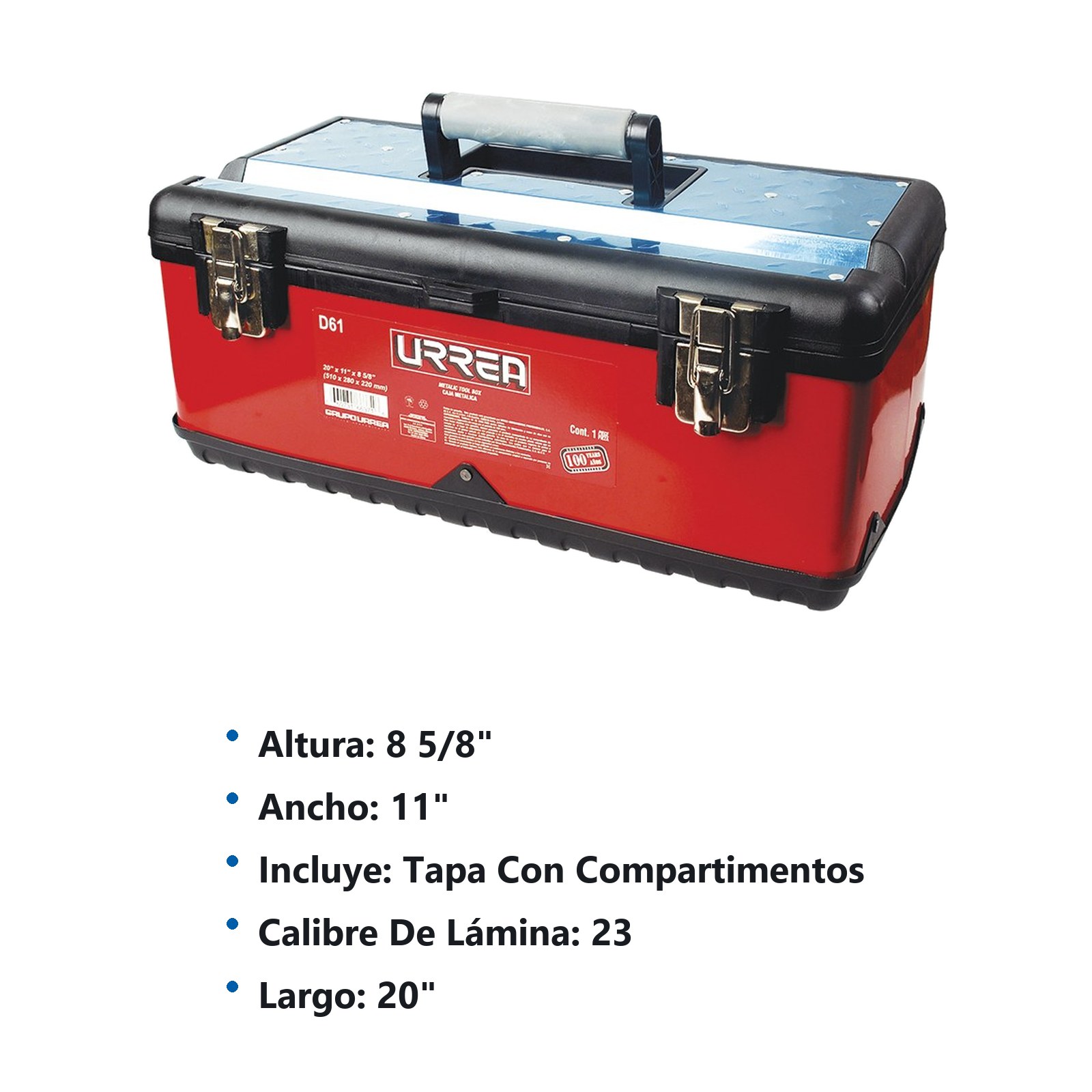 Caja portaherramientas metálica-plástica color rojo/negro 20" x 11" x 8" Urrea - Imagen 3