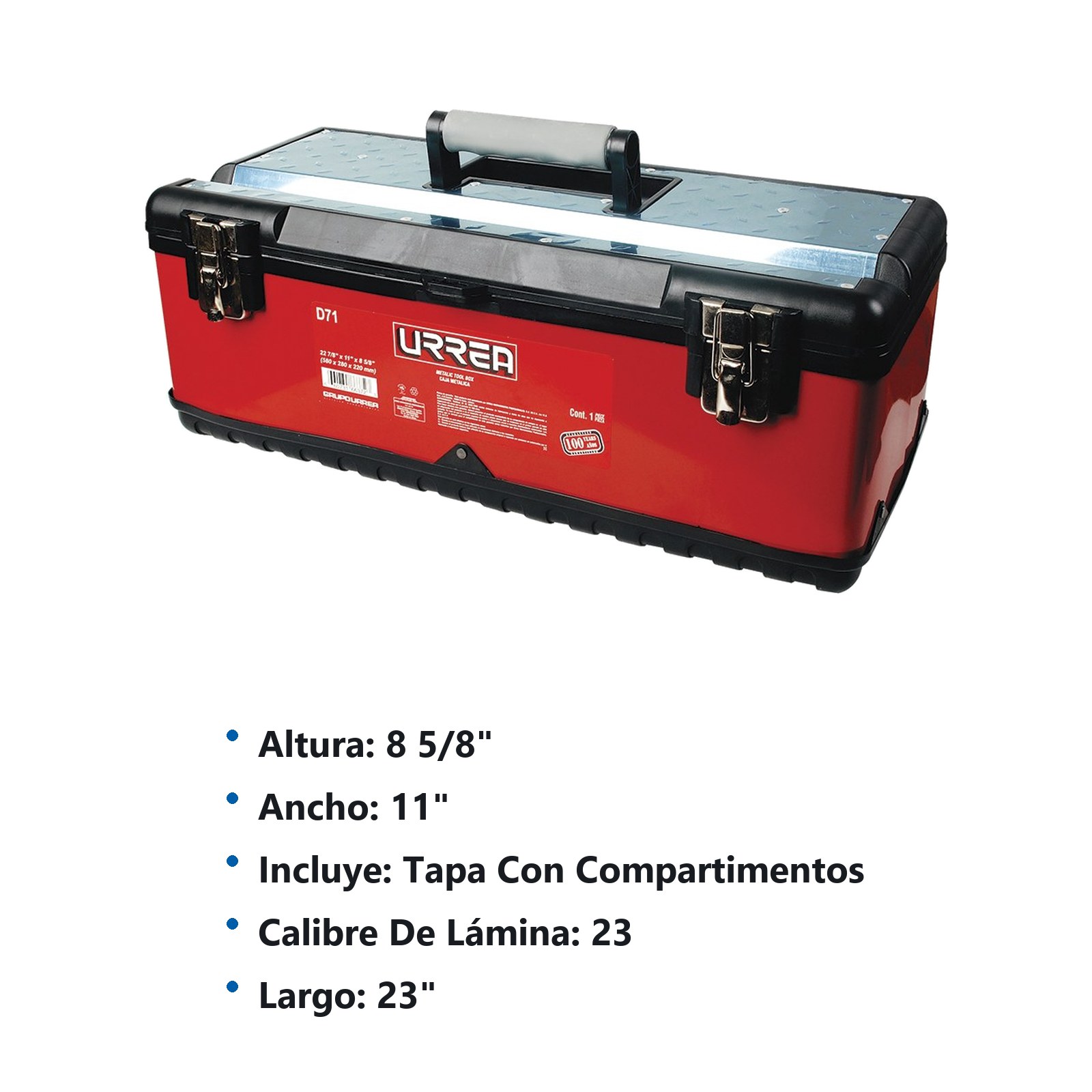 Caja portaherramientas metálica-plástica color rojo/negro 23" x 11" x 8" Urrea - Imagen 3
