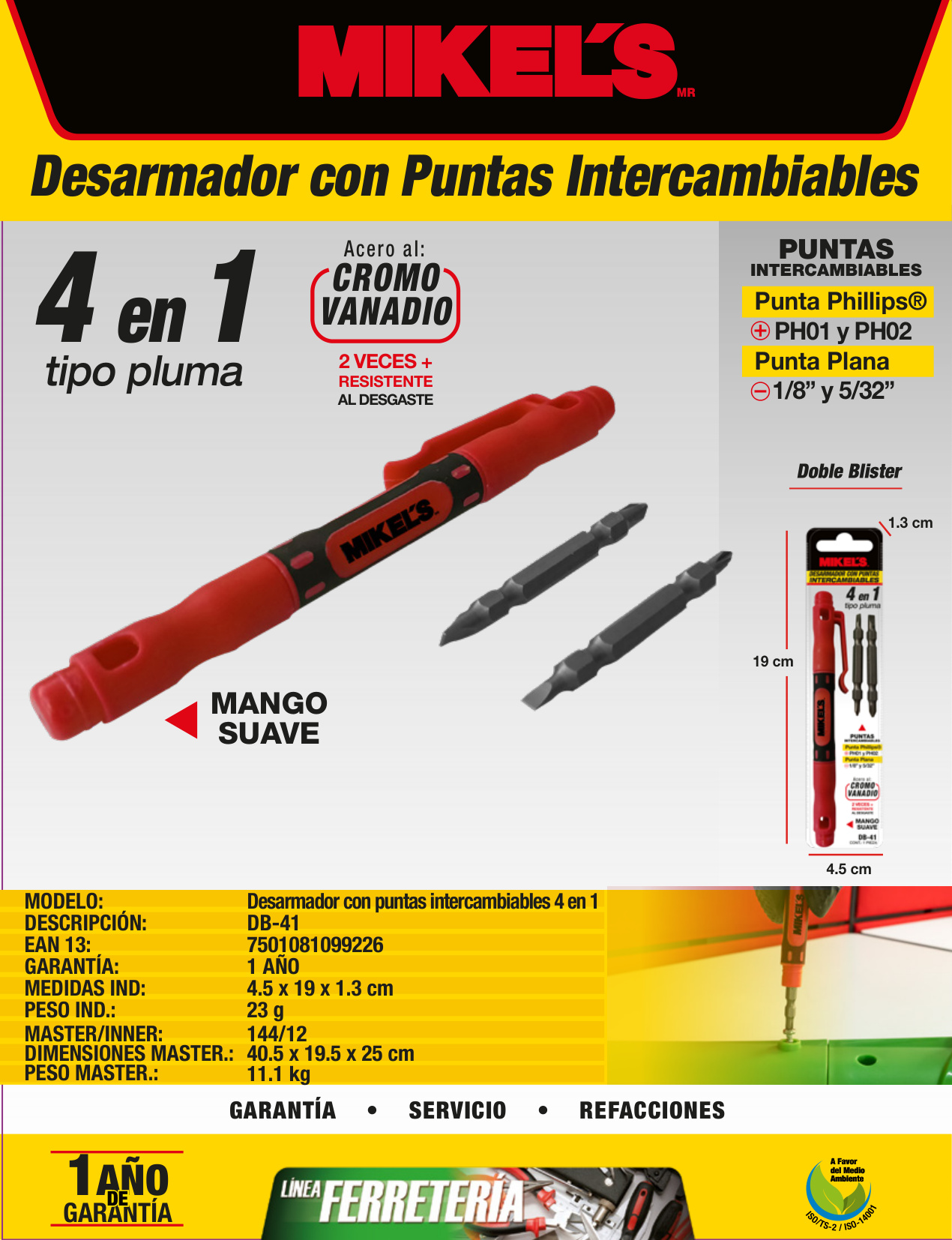 MIKELS DB-41 Desarmador con puntas intercambiables (4 en 1) - Imagen 4