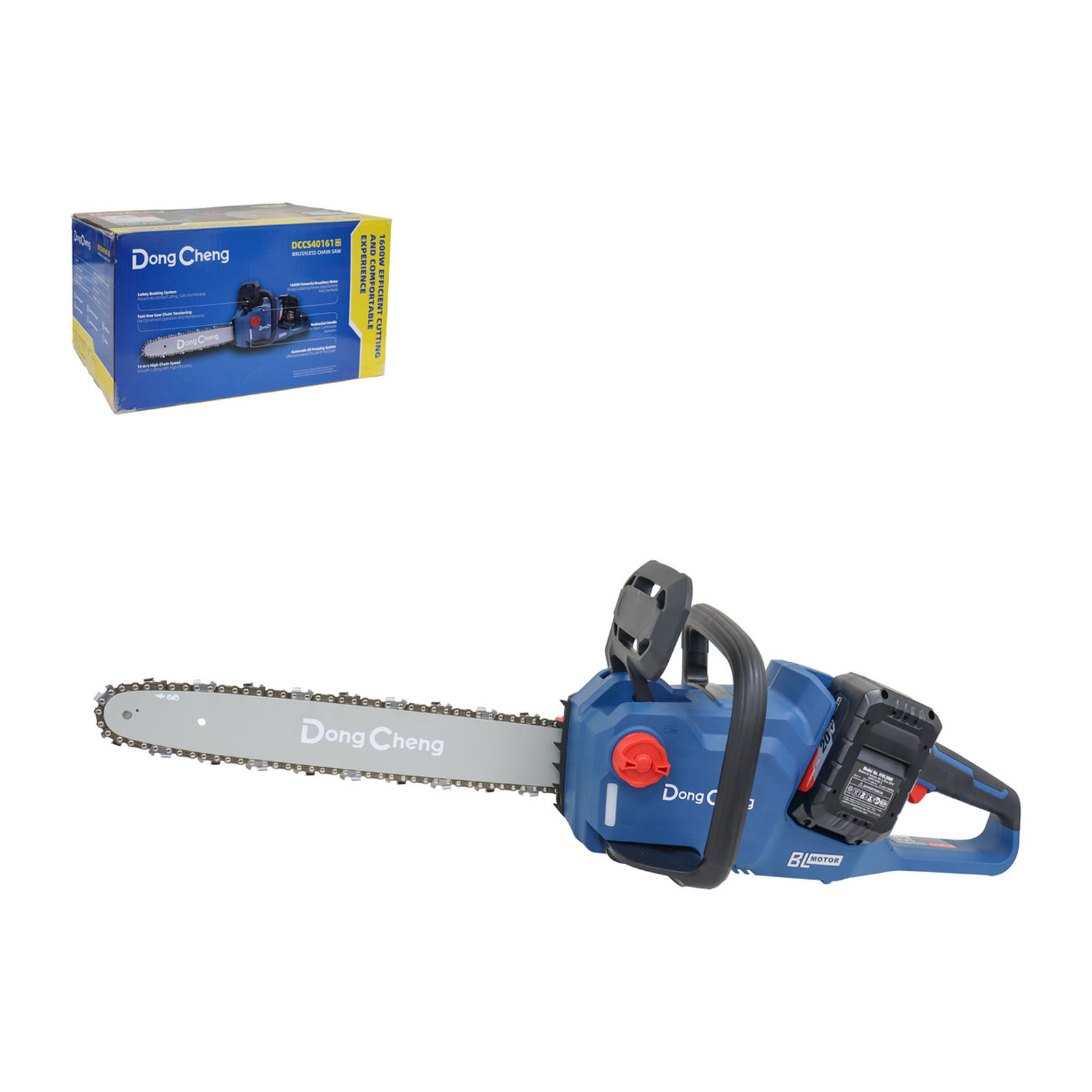 Motosierra Inalámbrica Sin Carbones 20V+20V con Barra 16" y 2 Baterías 6.0 Ah DONGCHENG