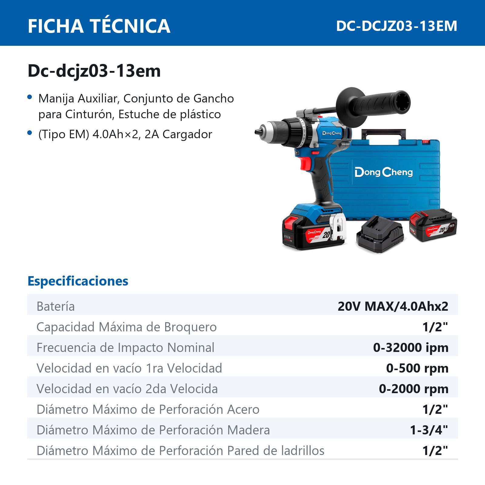 ROTOMARTILLO/ATORNILLADOR INALAMBRICO SIN CARBONES 20V MAX/4.0Ahx2 1/2" 2000 RPM 32000 IPM - Imagen 2