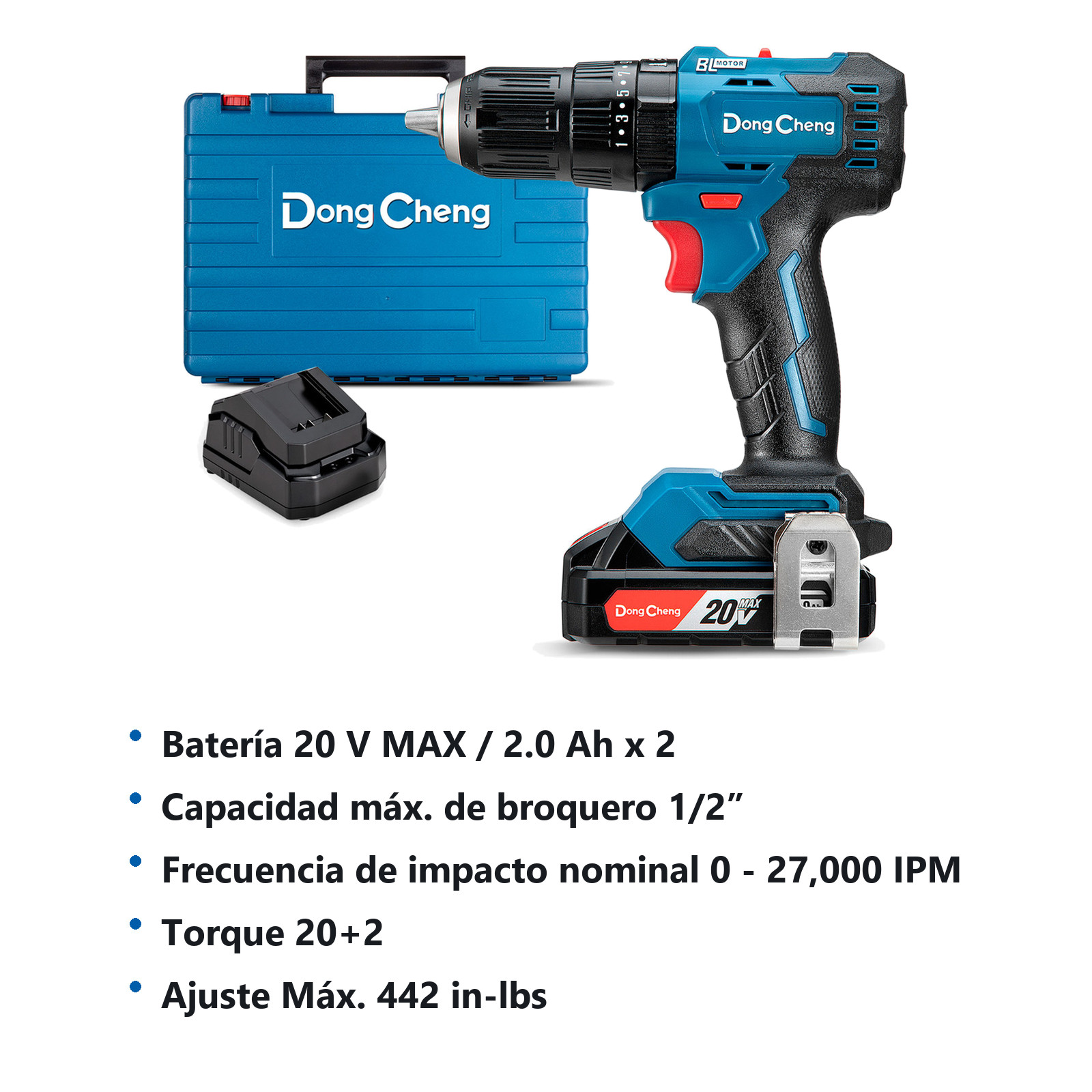 ROTOMARTILLO/ATORNILLADOR INALAMBRICO SIN CARBONES 20V MAX/2.0Ahx2 1/2" 1800 RPM 27000 IPM - Imagen 2