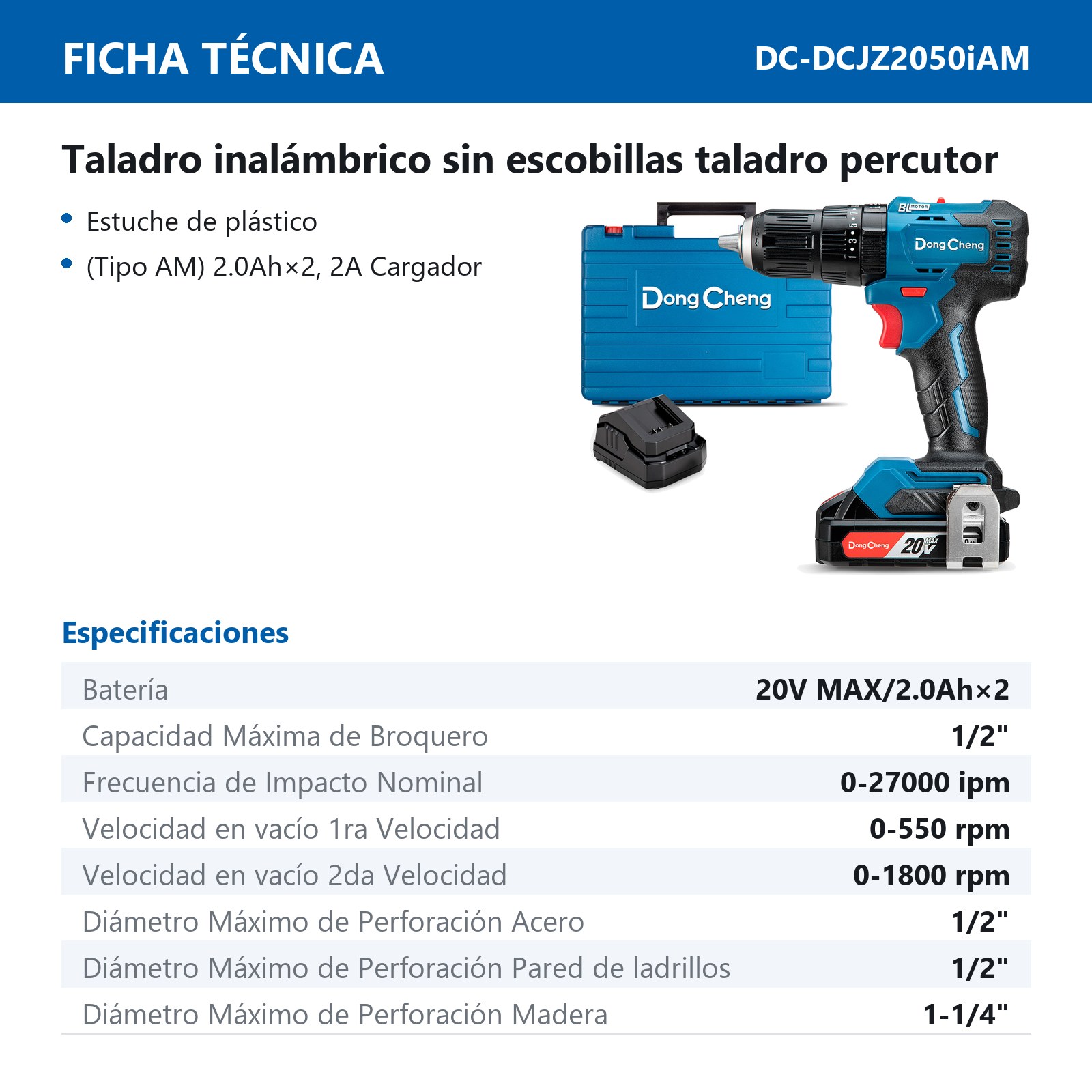 ROTOMARTILLO/ATORNILLADOR INALAMBRICO SIN CARBONES 20V MAX/2.0Ahx2 1/2" 1800 RPM 27000 IPM - Imagen 2