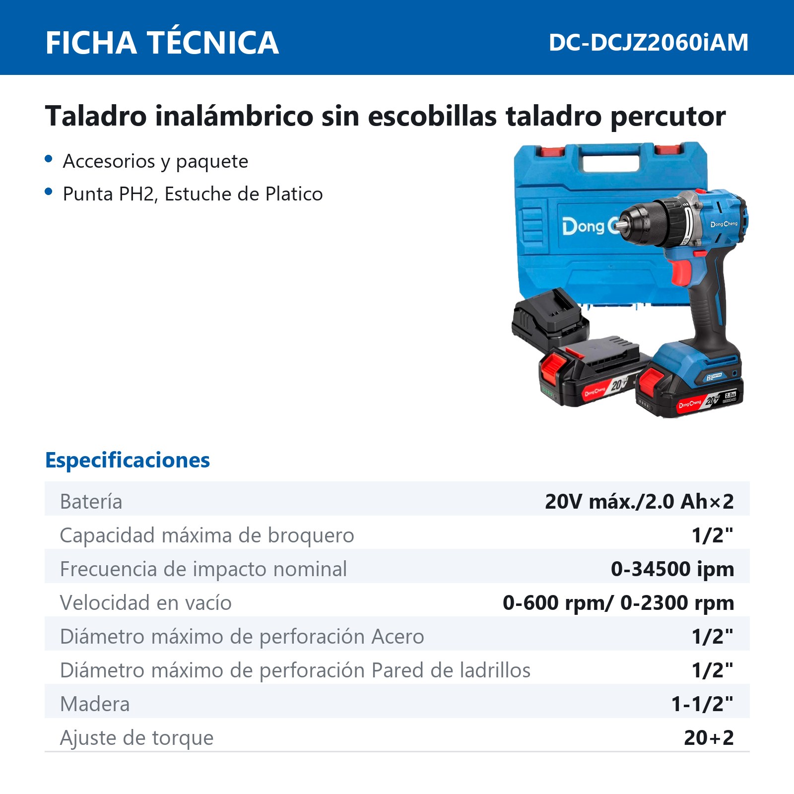 ROTOMARTILLO/ATORNILLADOR INALAMBRICO SIN CARBONES 20V MAX/2.0Ahx2 1/2" 2300 RPM 34500 IPM - Imagen 2