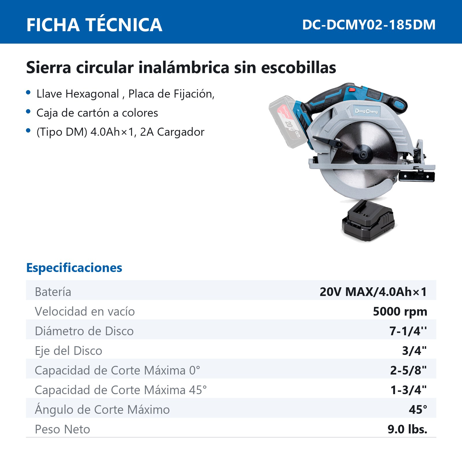 SIERRA CIRCULAR INALAMBRICA SIN CARBONES 20V MAX/4.0Ahx1 7' x 3/4" 5000 RPM - Imagen 2