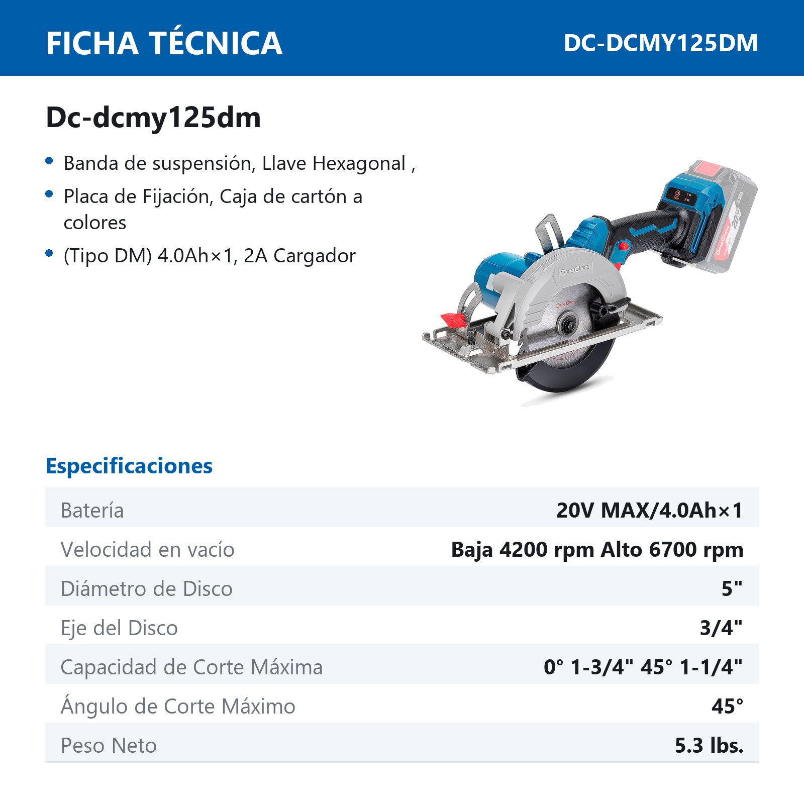 SIERRA CIRCULAR INALAMBRICA SIN CARBONES 20V MAX/4.0Ahx1 5" x 3/4" 6700 RPM - Imagen 2