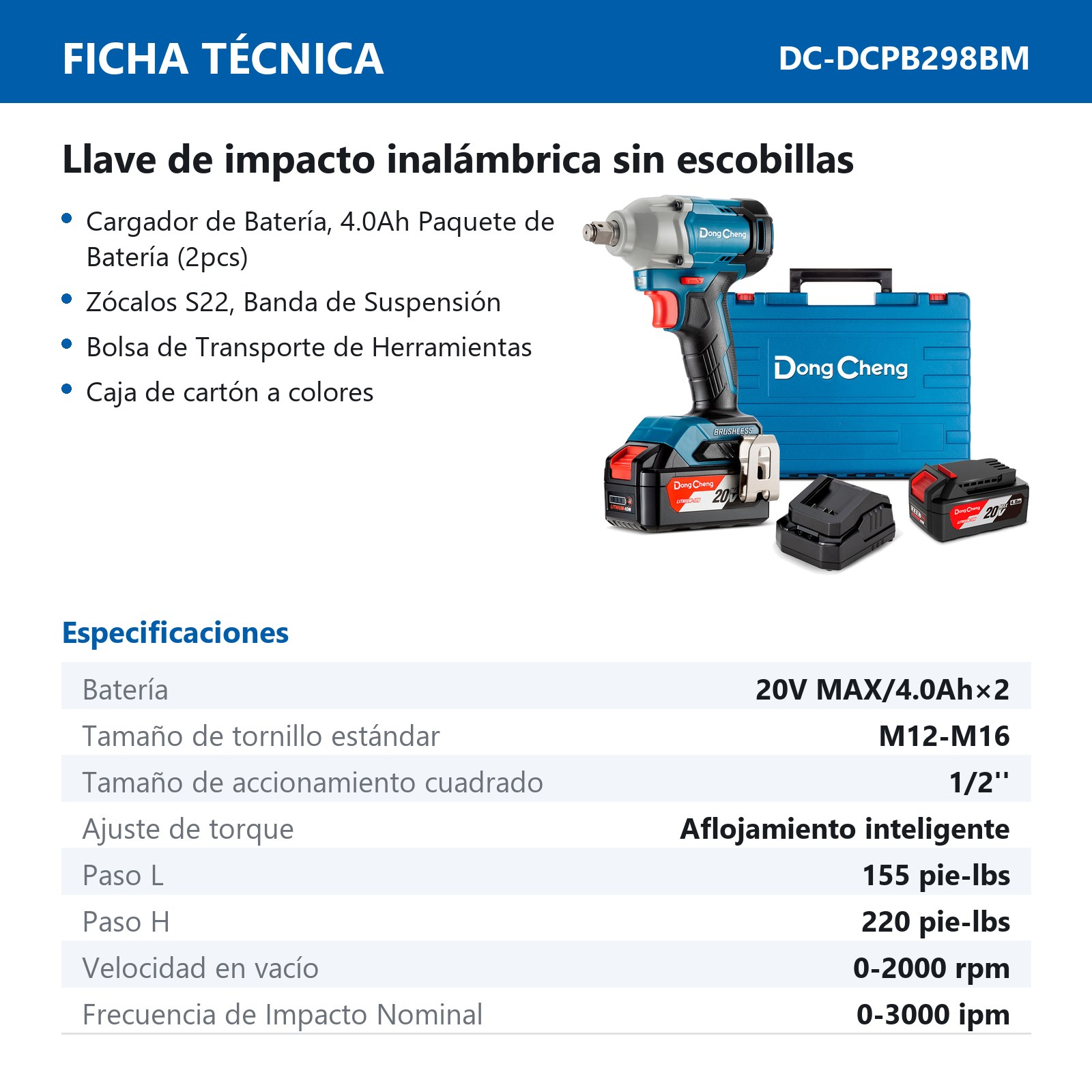LLAVE D/IMPACTO INALAMBRICA SIN CARBONES 20 V MAX/4.0Ahx2 M12-M16 1/2" 2000 RPM 3000 IPM 220 FT/LBS - Imagen 2