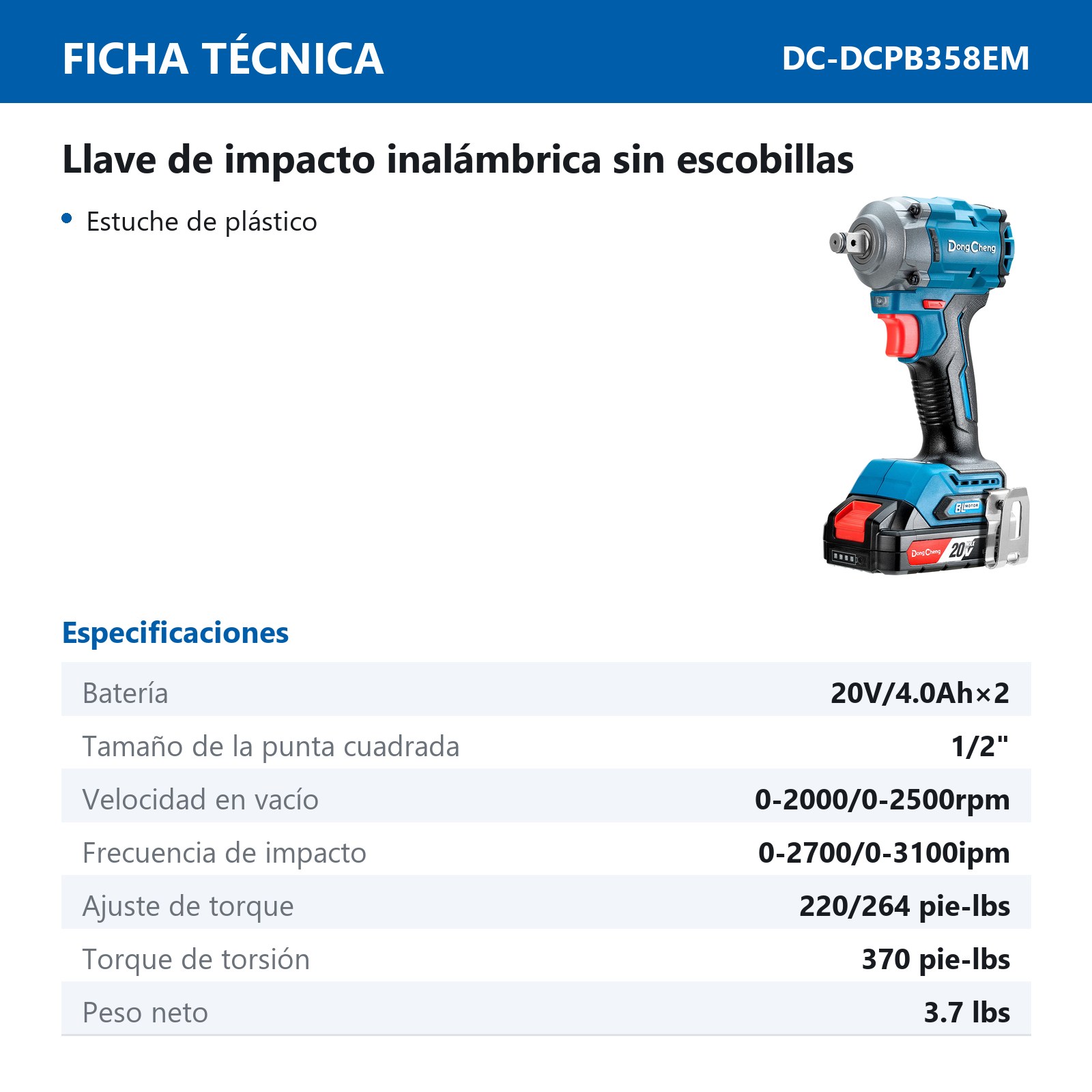 LLAVE D/IMPACTO INALAMBRICA SIN CARBONES 20 V/4.0Ahx2 1/2" 2500 RPM 3100 IPM 264/264 FT/LBS - Imagen 2