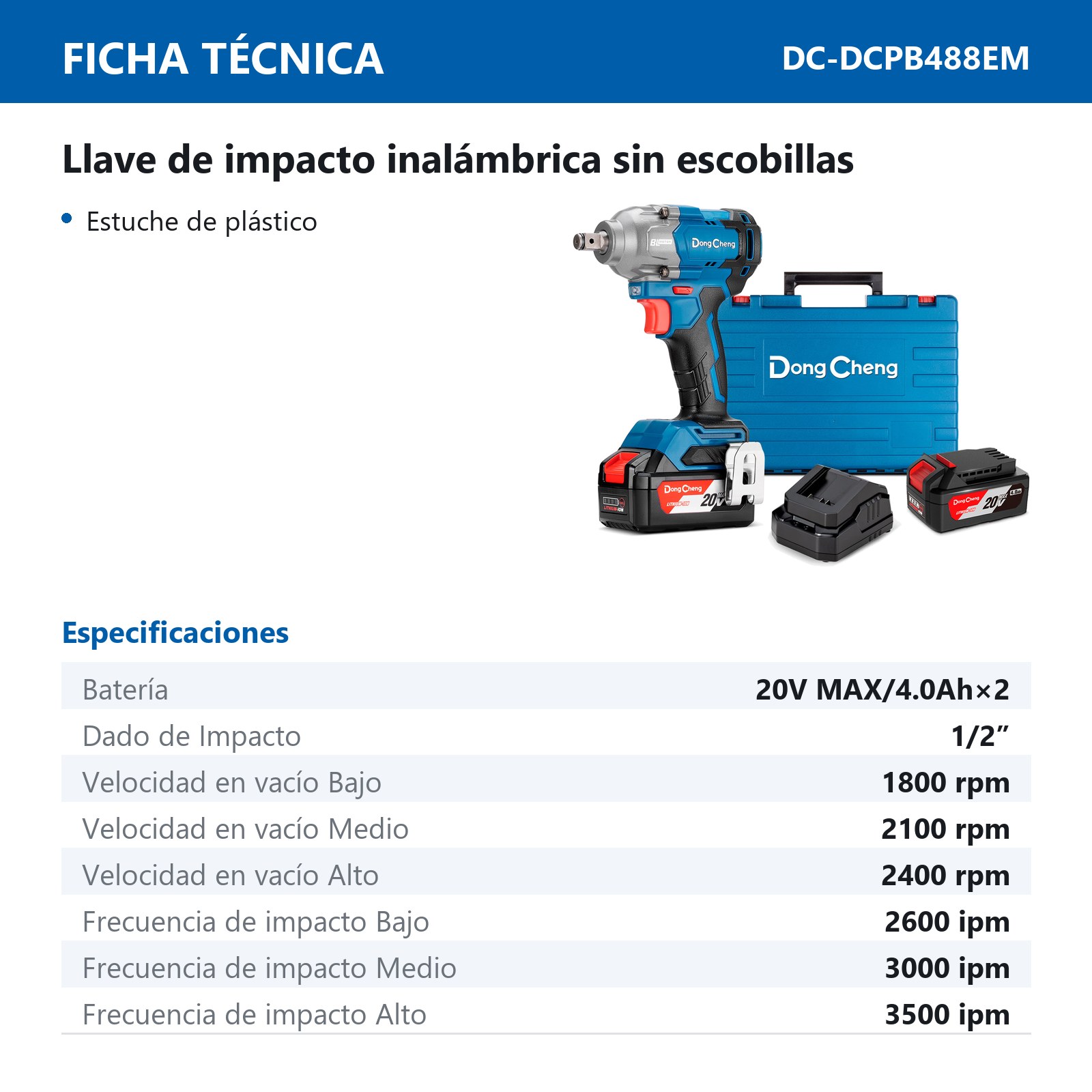 LLAVE D/IMPACTO INALAMBRICA SIN CARBONES 20 V MAX/4.0Ahx2 1/2" 2400 RPM 3500 IPM 360 FT/LBS - Imagen 2
