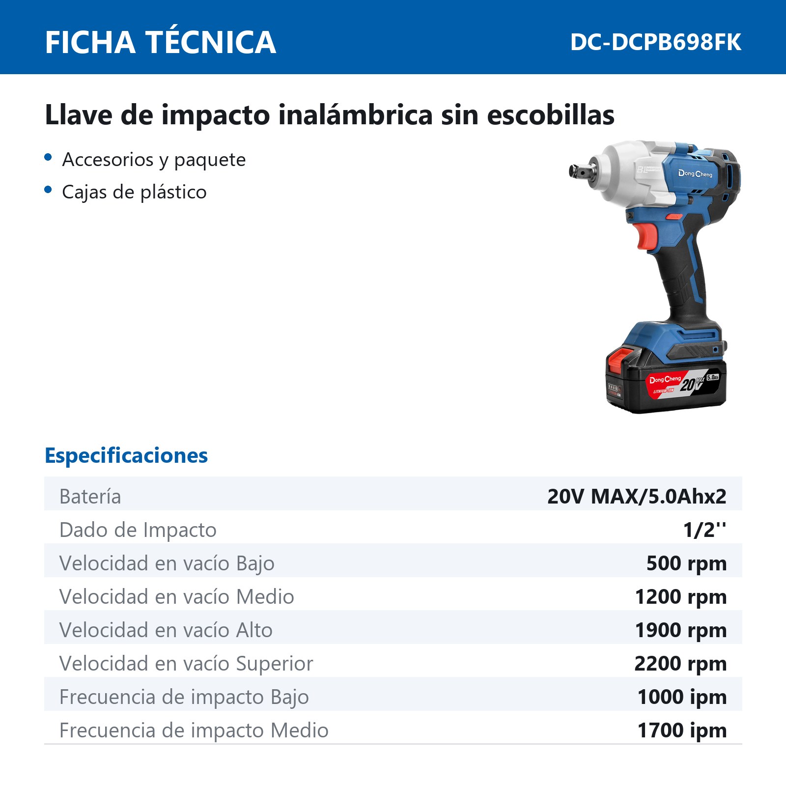 LLAVE D/IMPACTO INALAMBRICA SIN CARBONES 20 V MAX/5.0Ahx2 1/2" 2200 RPM 2700 IPM 515/670 FT/LBS - Imagen 2