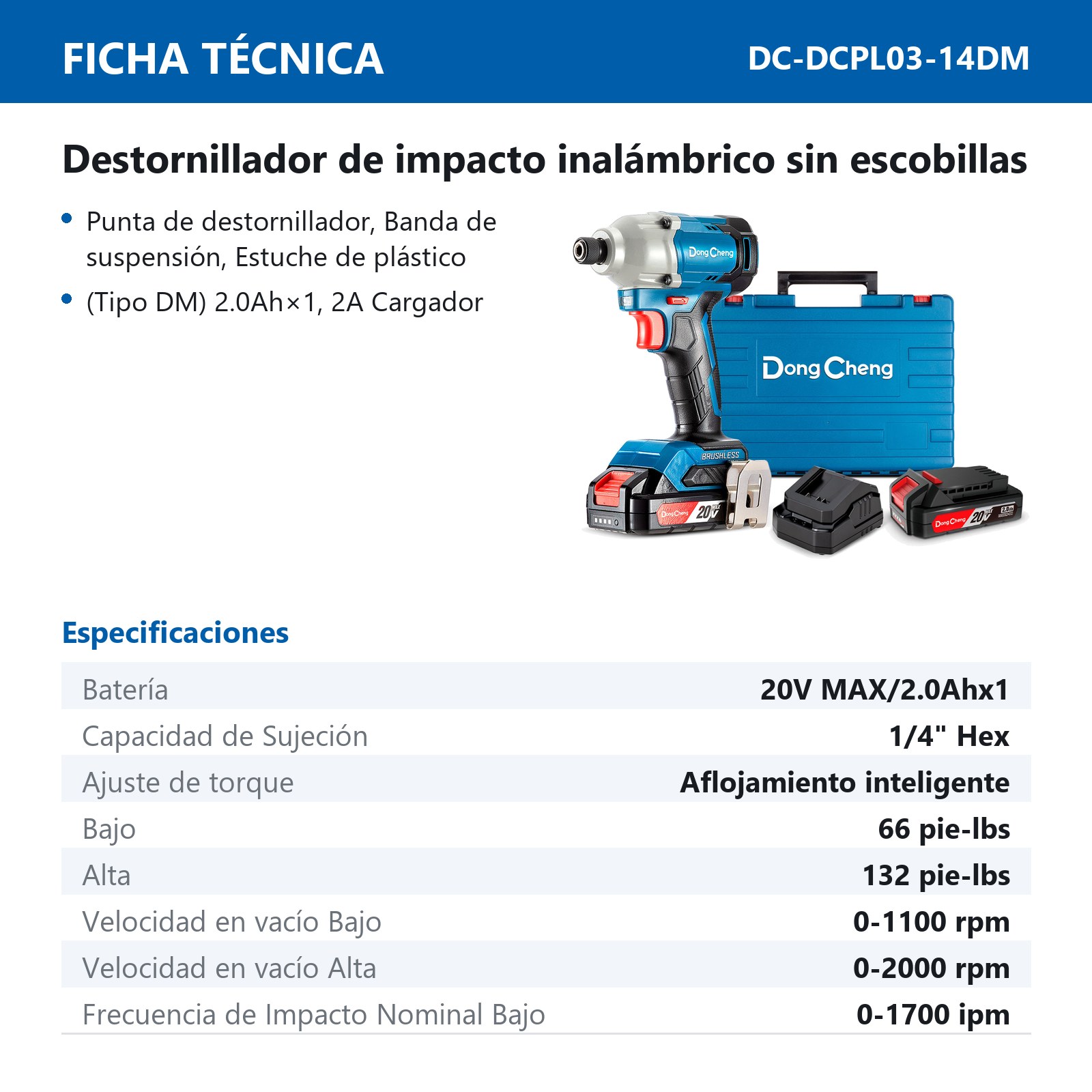 ATORNILLADOR D/IMPACTO SIN CARBONES 20V MAX/2.0 Ahx1 1/4" HEX 2000 RPM 3000 IPM - Imagen 2