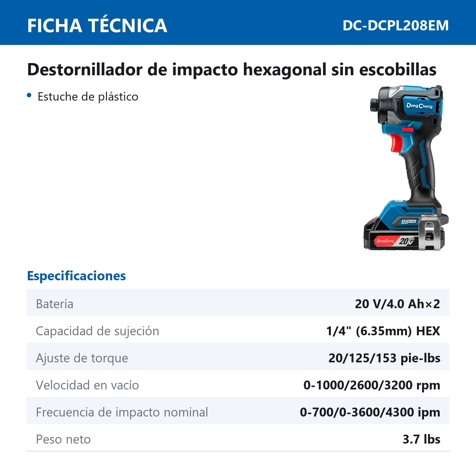 ATORNILLADOR D/IMPACTO SIN CARBONES 20V/4.0 Ahx2 1/4" HEX 3200 RPM 4300 IPM - Imagen 2