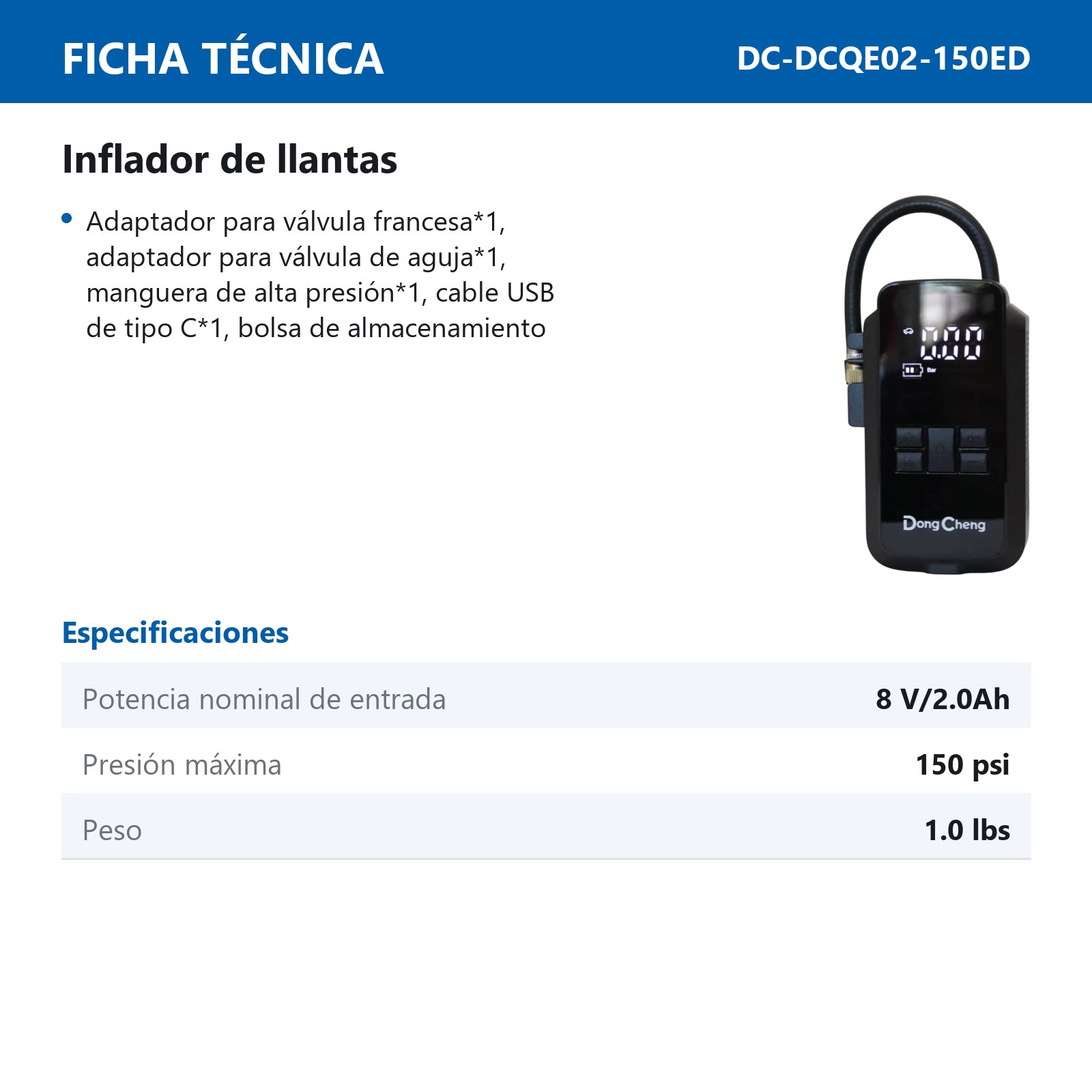 INFLADOR PORTATIL INALAMBRICO DE 8 V/2.0Ah 150PSI - Imagen 2