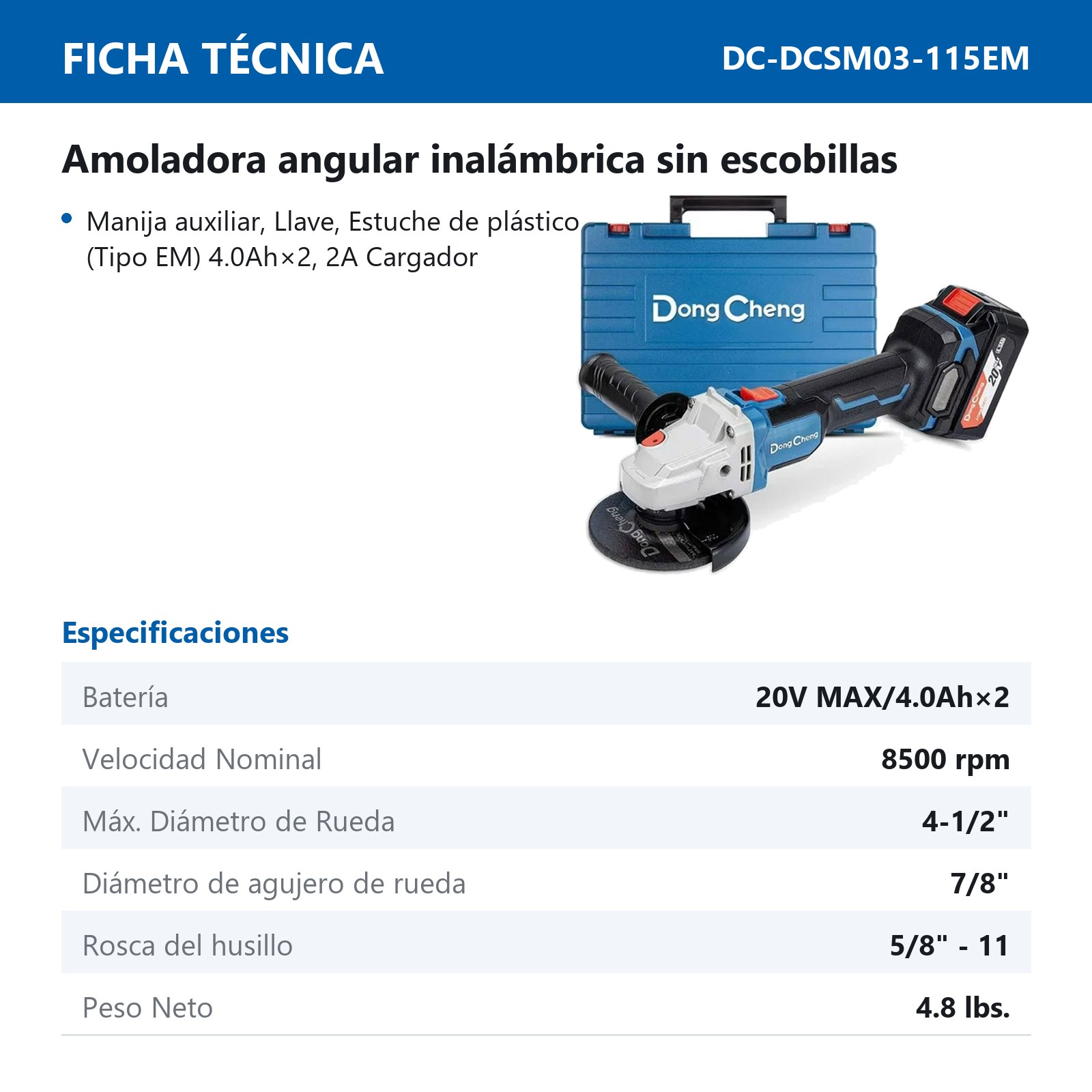 ESMERILADORA ANGULAR INALAMBRICA SIN CARBONES 20V MAX/4.0Ahx2 4-1/2" x 5/8"-11 8500 RPM - Imagen 2