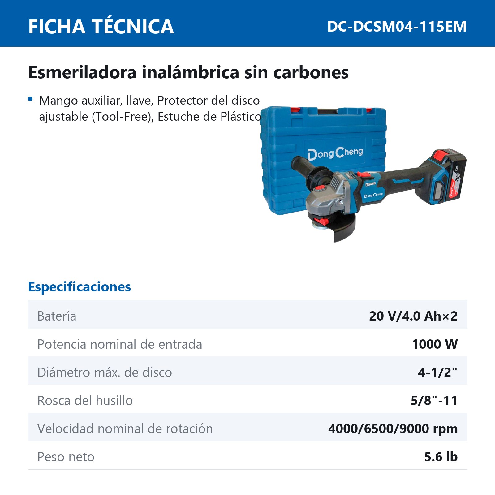 ESMERILADORA VARIABLE INALAMBRICA 20V MAX/4.0Ahx2 4-1/2" x 5/8"-11 4k, 6.5k, 9k RPM - Imagen 2