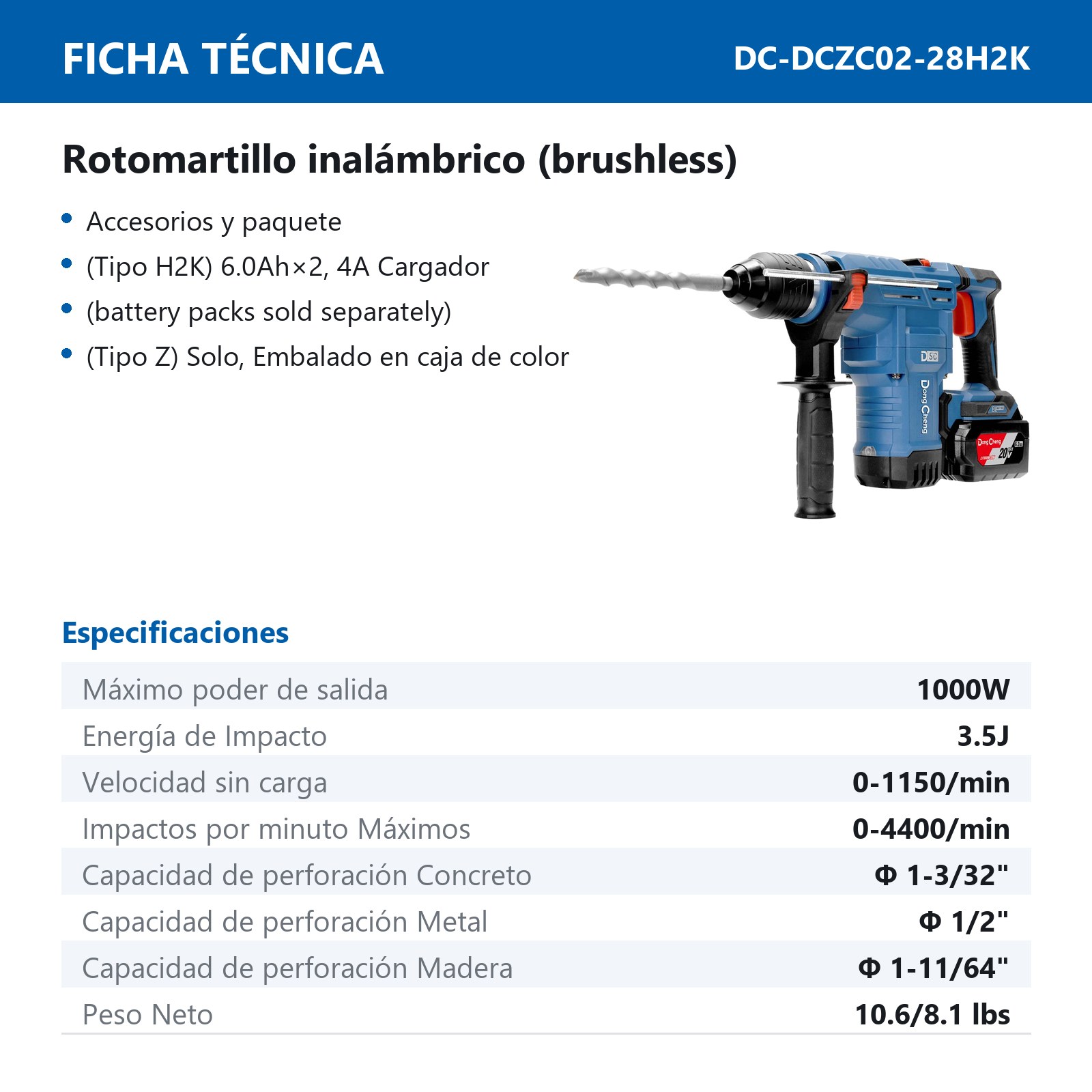 ROTOMARTILLO INALAMBRICO SIN CARBONES 20V MAX/6.0Ah×2 1/2" 1150RPM 4400IPM - Imagen 2