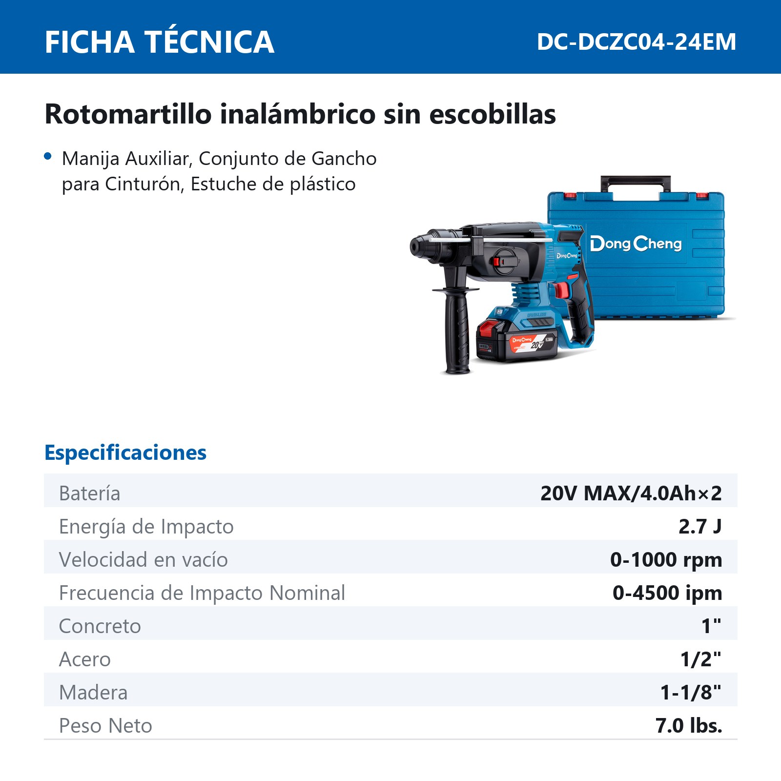 ROTOMARTILLO SDS PLUS INALAMBRICO SIN CARBONES 20V MAX/4.0Ahx2 1000 RPM 4500 IPM - Imagen 2