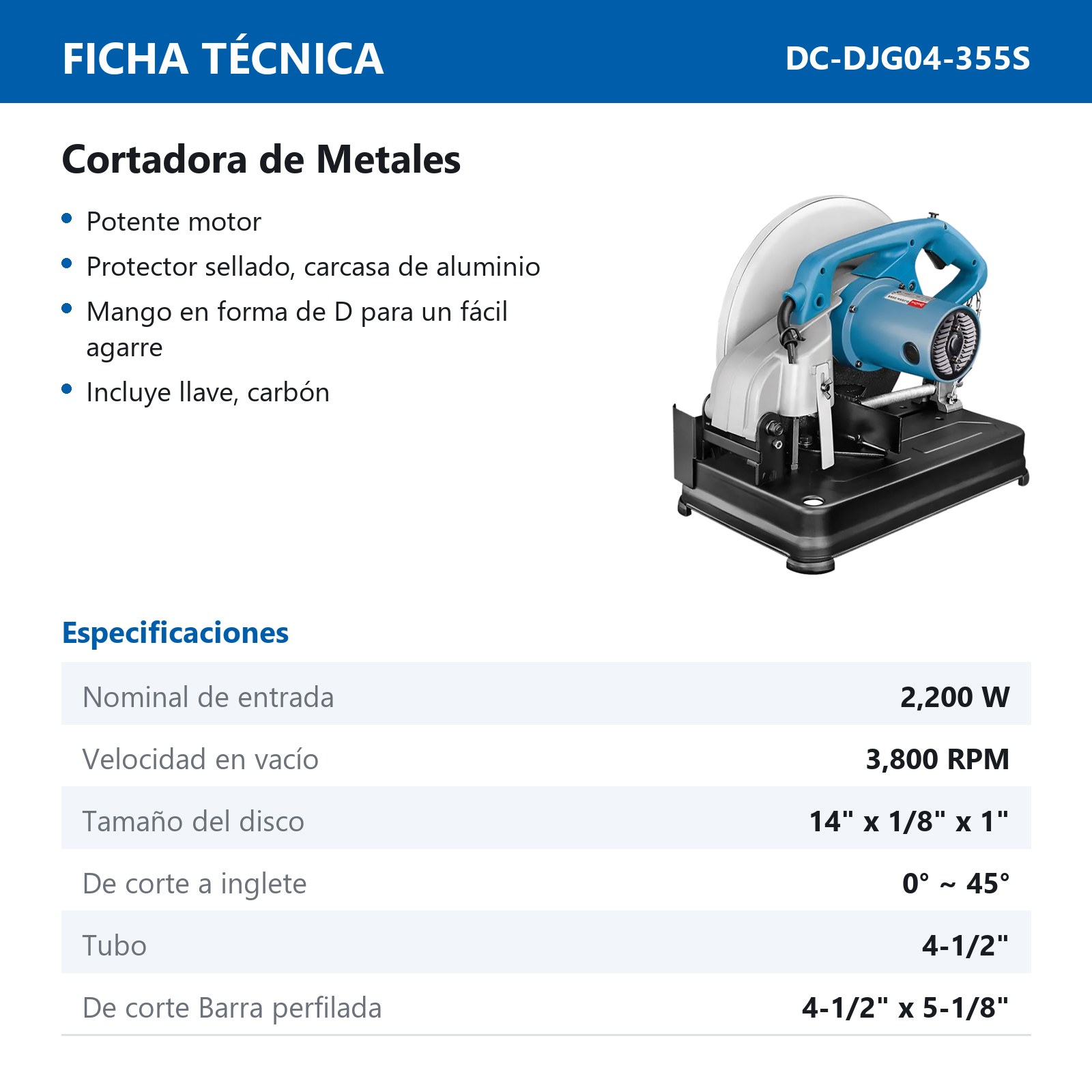 CORTADORA DE METALES 14'' 2200W 3800RPM 110V - Imagen 2