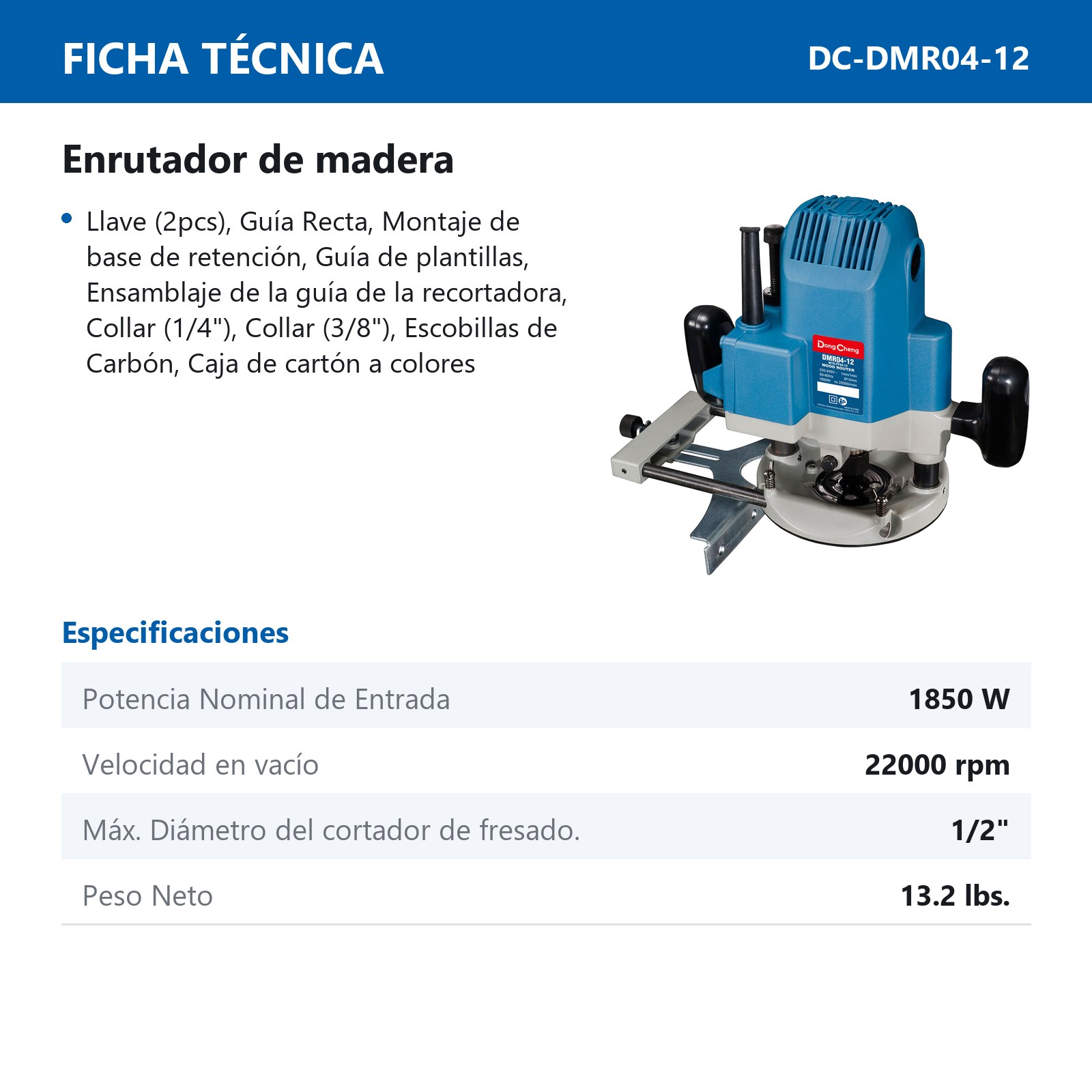 ROUTER PARA MADERA 1850 W 22000 RPM 1/2" - Imagen 2