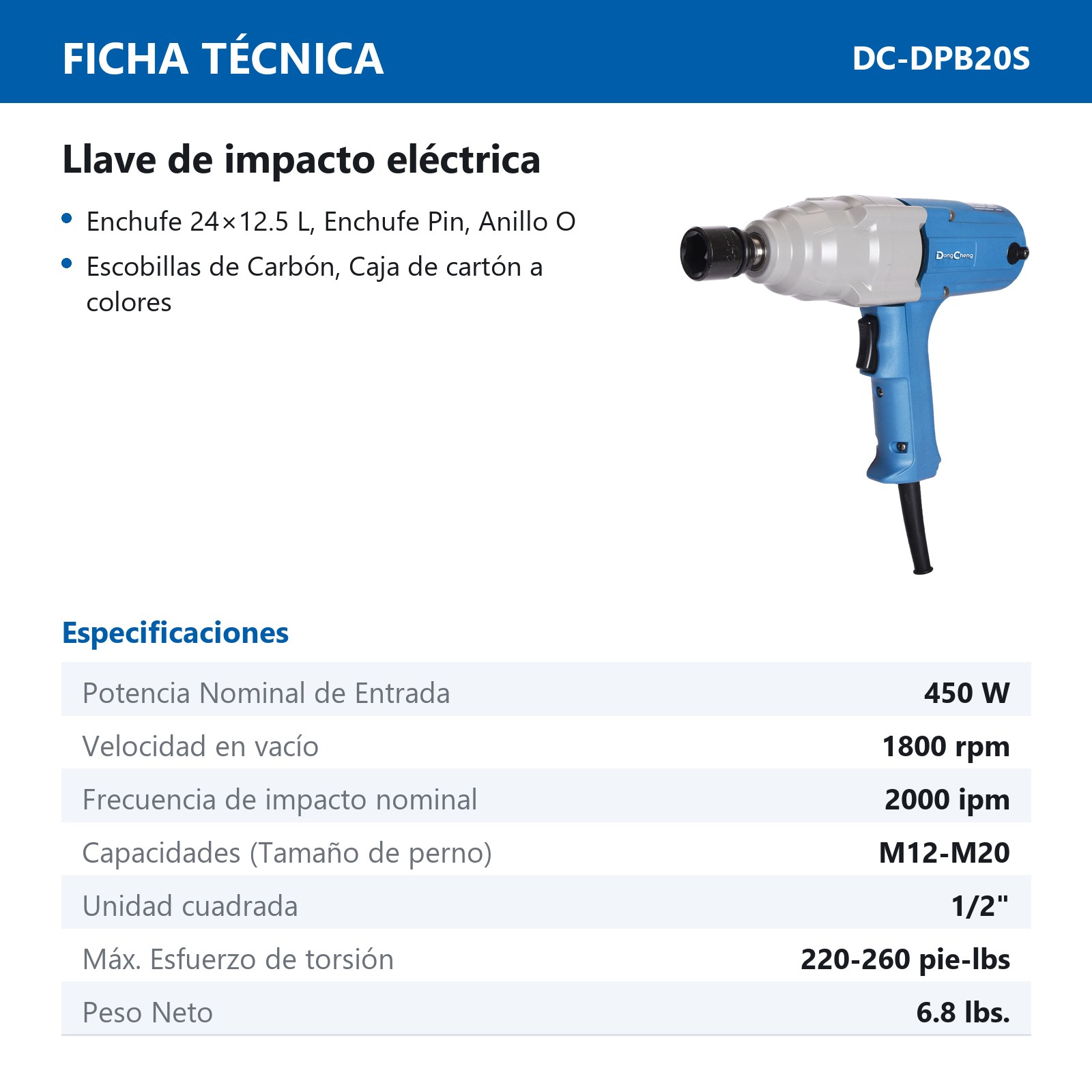 LLAVE D/IMPACTO 450 W 1800 RPM 2000 IPM M12-M20 1/2" 220-260 FT/LBS - Imagen 2