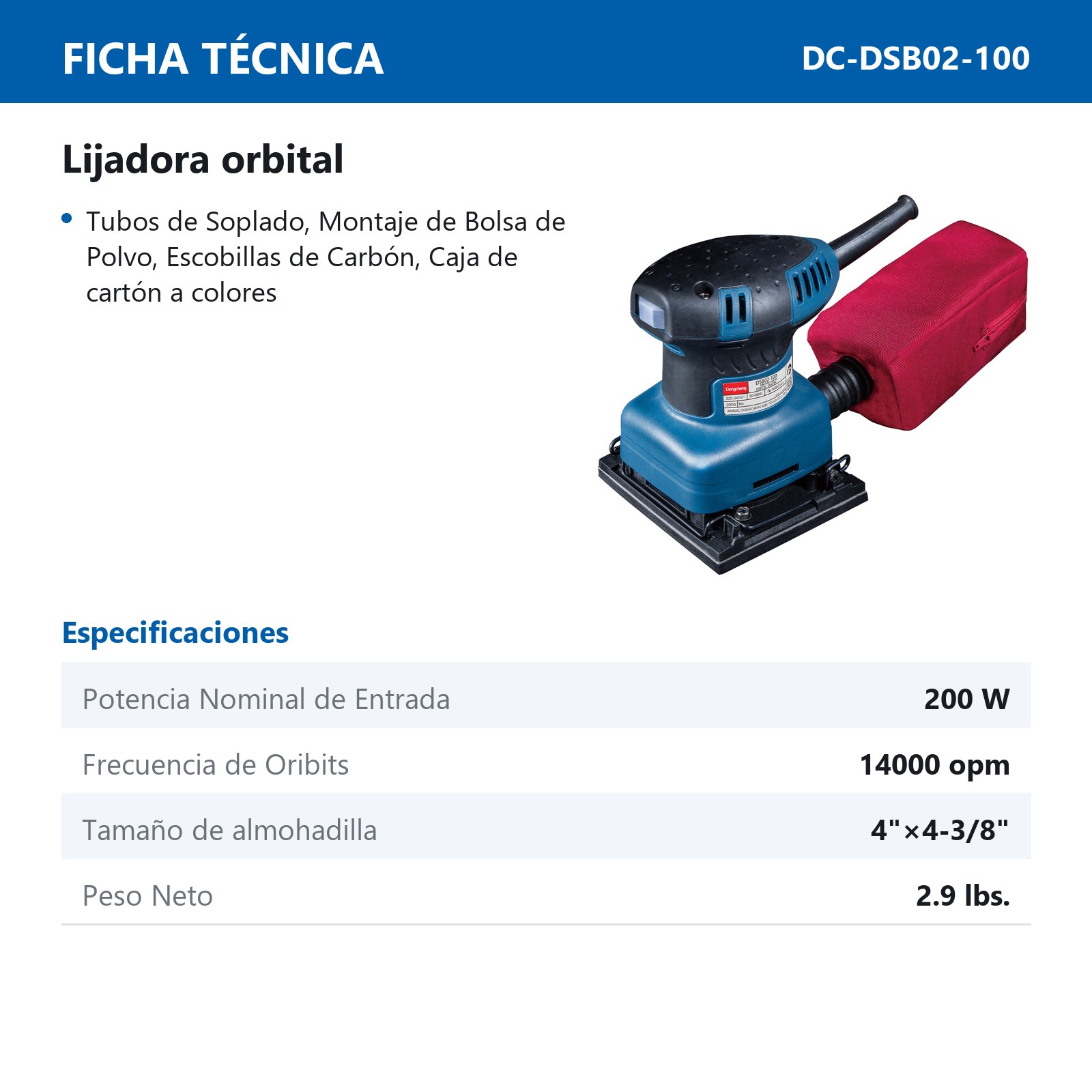 LIJADORA PLANA ORBITAL 200 W 14000 OPM 4" x 4-3/8" - Imagen 2