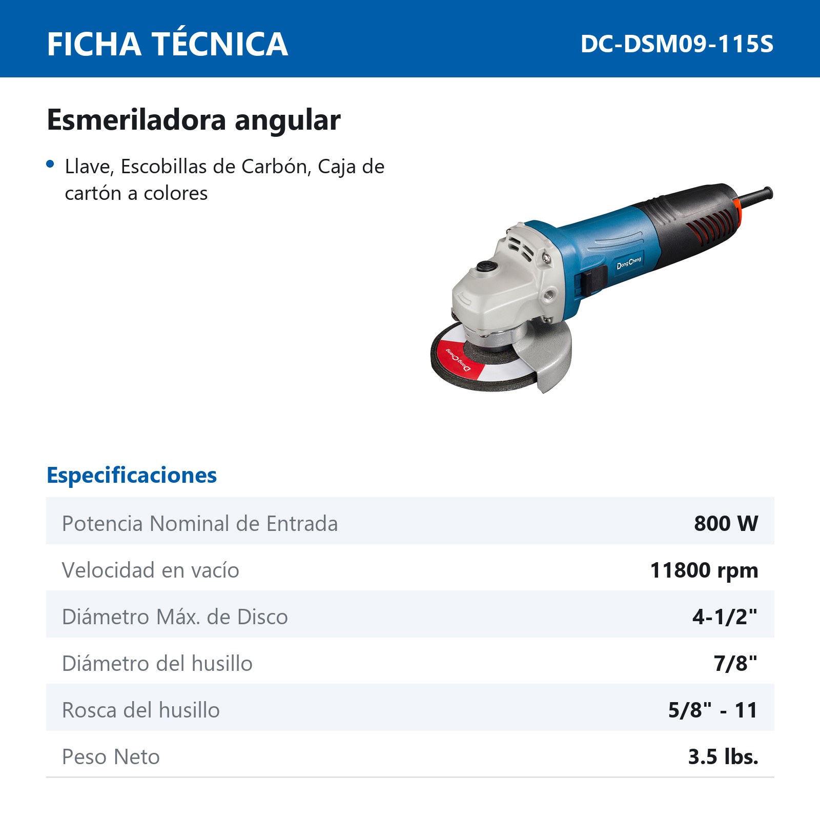 ESMERILADORA ANGULAR 800 W 4-1/2" x 5/8"-11 11800 RPM - Imagen 2