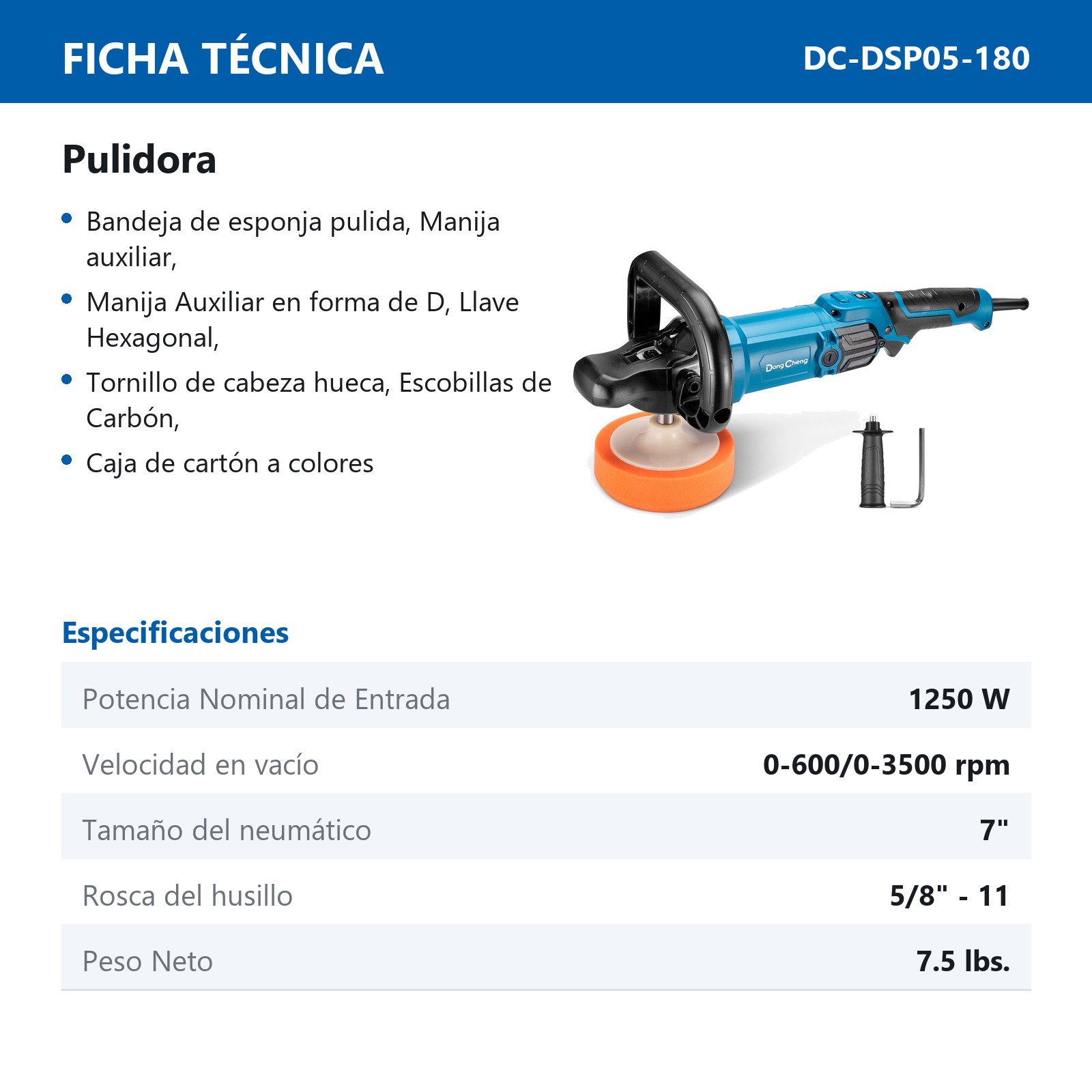 PULIDORA/LIJADORA 1250 W 7" x 5/8"-11 3500 RPM - Imagen 2