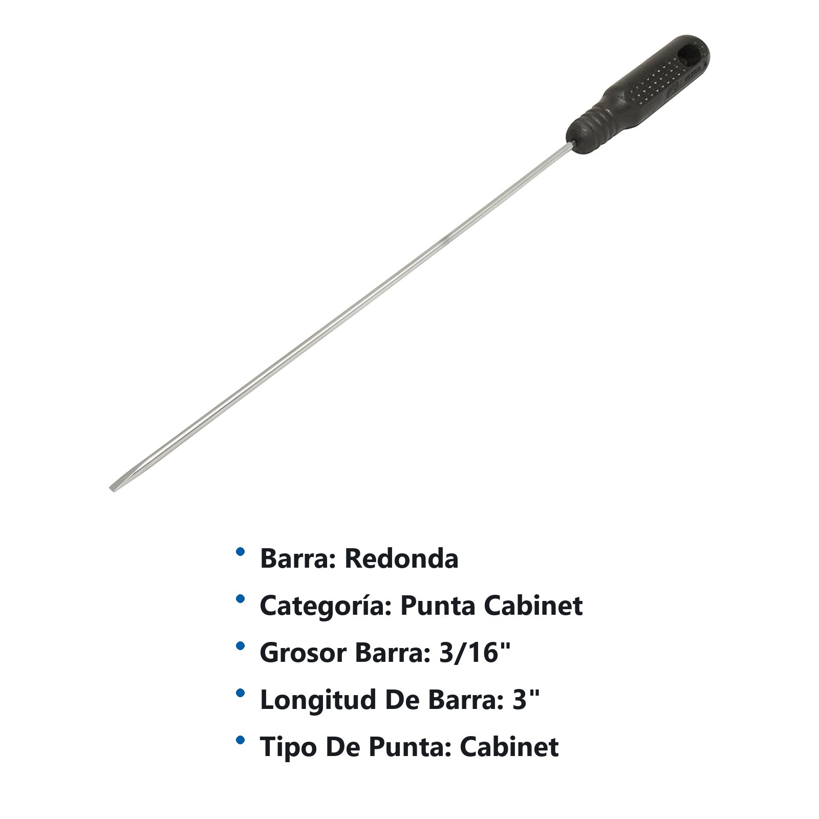 Destornillador con mango negro, punta cabinet barra redonda 3/16" x 3" Foy - Imagen 3