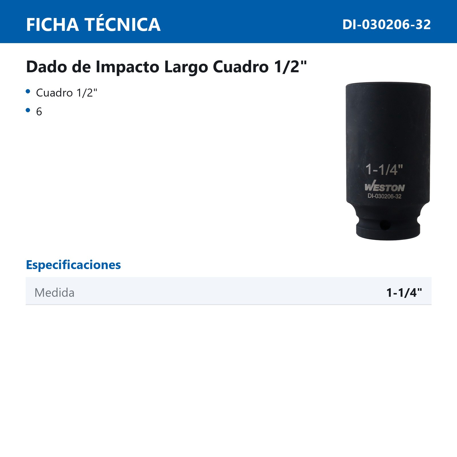 DADO DE IMPACTO LARGO CUADRO 1/2" 6 PUNTAS 1-1/4" - Imagen 4