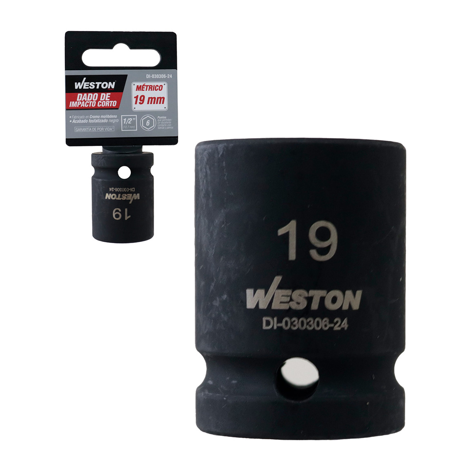 DADO DE IMPACTO CORTO CUADRO 1/2" 6 PUNTAS 19MM