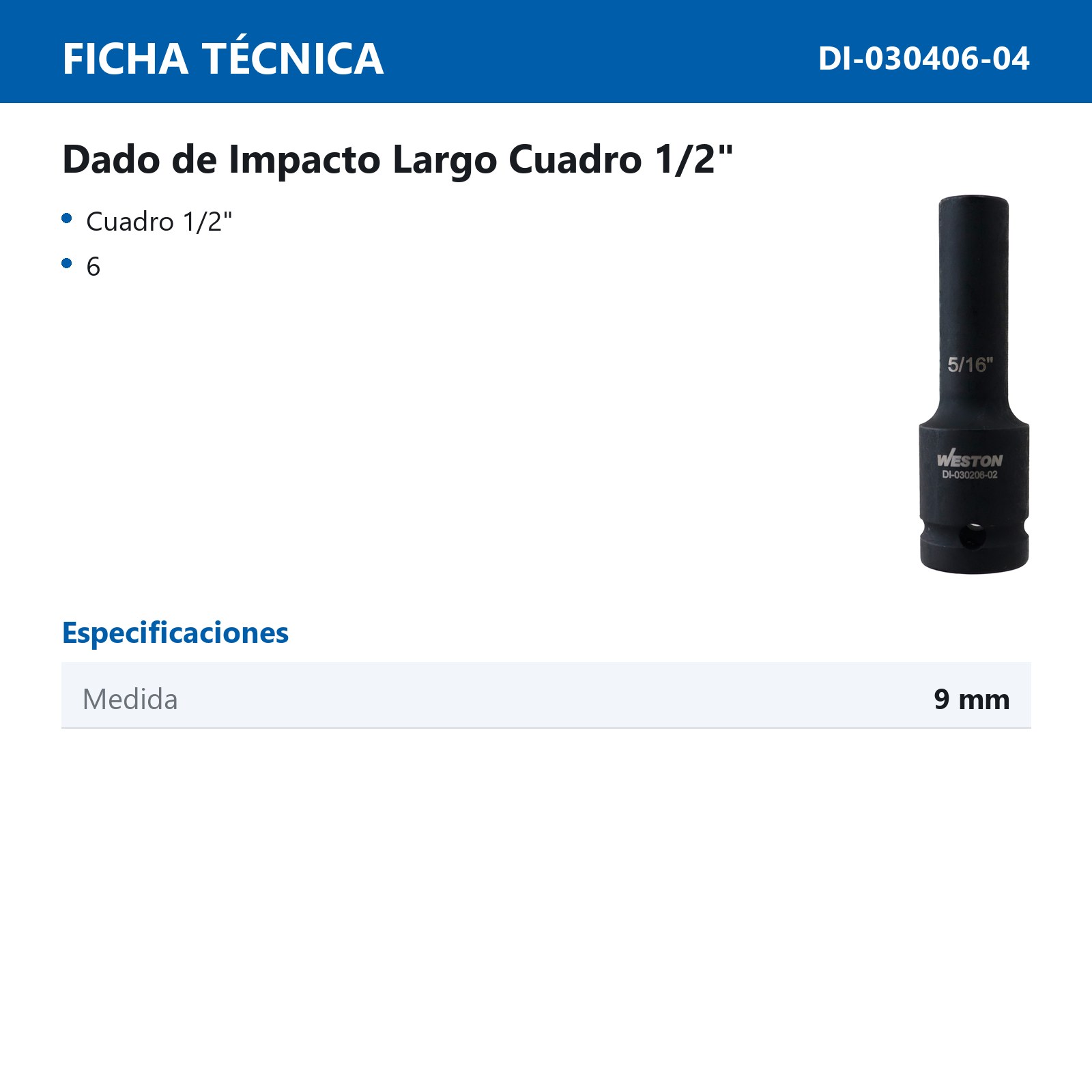 DADO DE IMPACTO LARGO CUADRO 1/2" 6 PUNTAS 9MM - Imagen 2