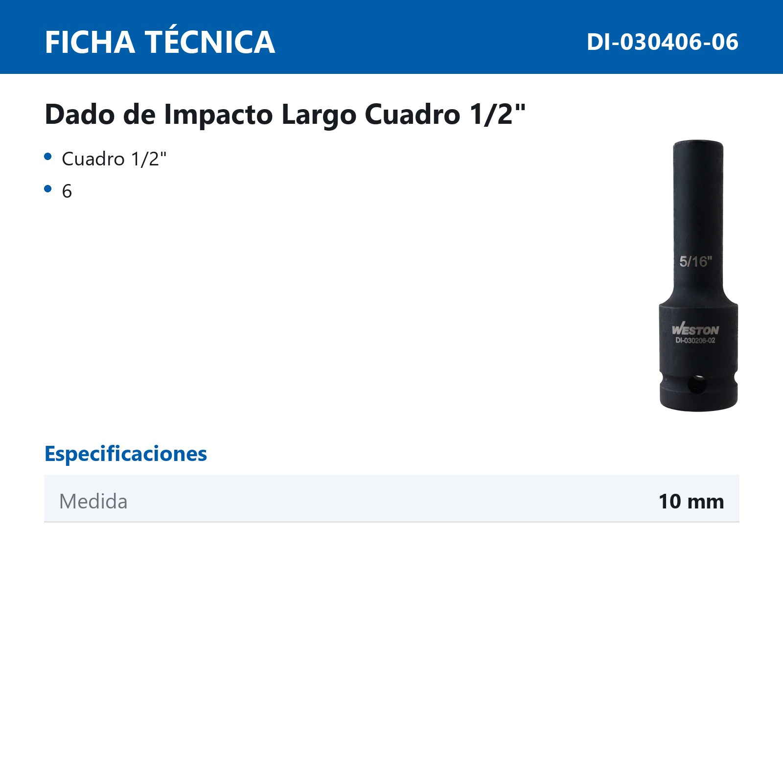 DADO DE IMPACTO LARGO CUADRO 1/2" 6 PUNTAS 10MM - Imagen 2