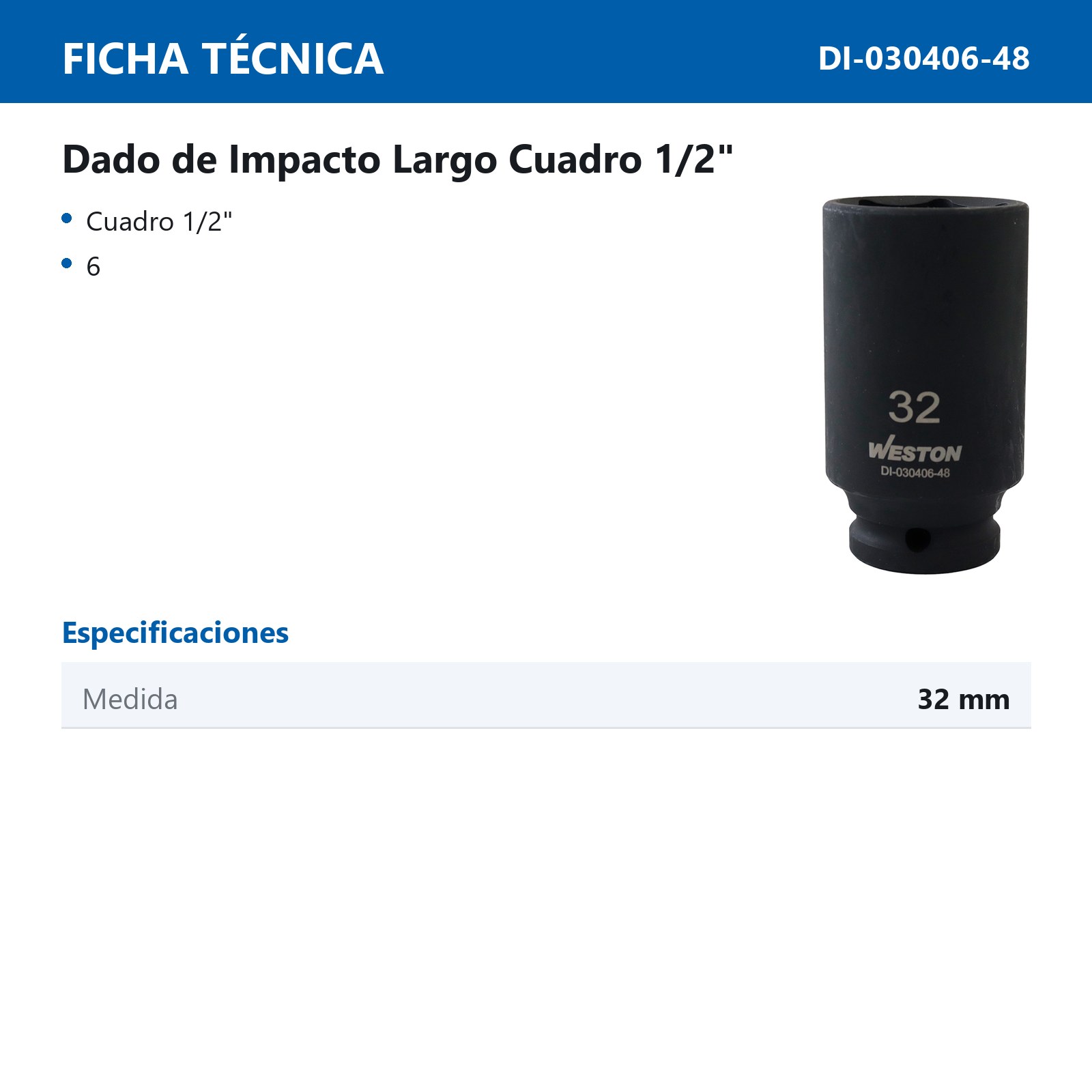 DADO DE IMPACTO LARGO CUADRO 1/2" 6 PUNTAS 32MM - Imagen 3