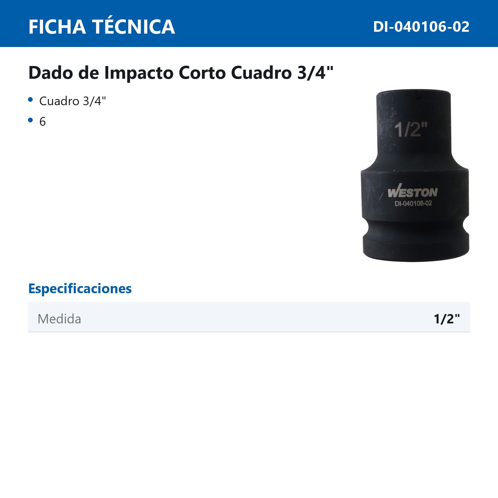 DADO DE IMPACTO CORTO CUADRO 3/4" 6 PUNTAS 1/2" - Imagen 4