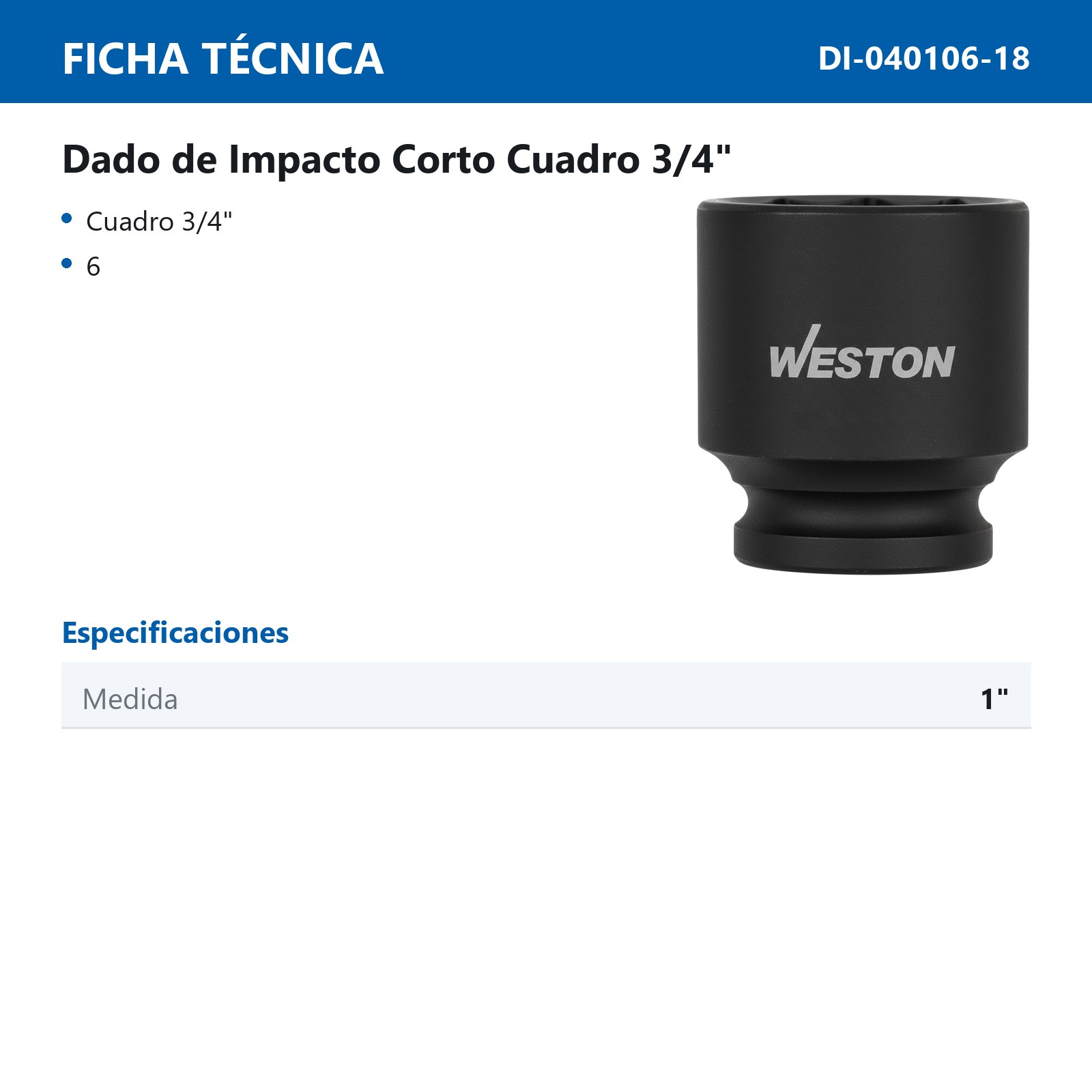 DADO DE IMPACTO CORTO CUADRO 3/4" 6 PUNTAS 1" - Imagen 2