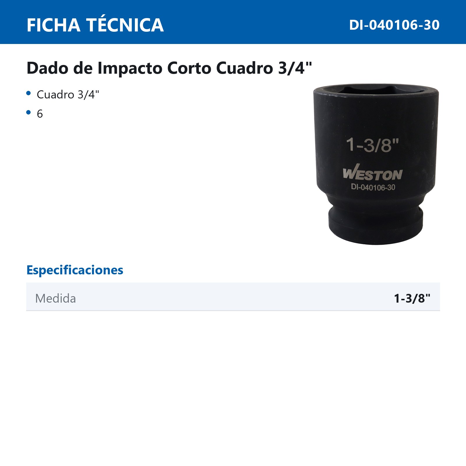 DADO DE IMPACTO CORTO CUADRO 3/4" 6 PUNTAS 1-3/8" - Imagen 3