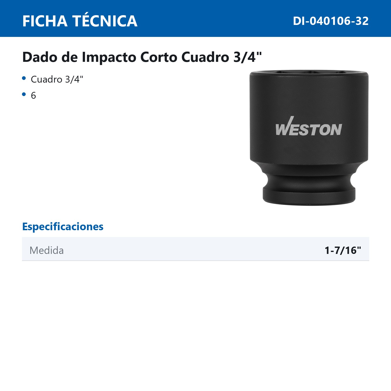 DADO DE IMPACTO CORTO CUADRO 3/4" 6 PUNTAS 1-7/16" - Imagen 2