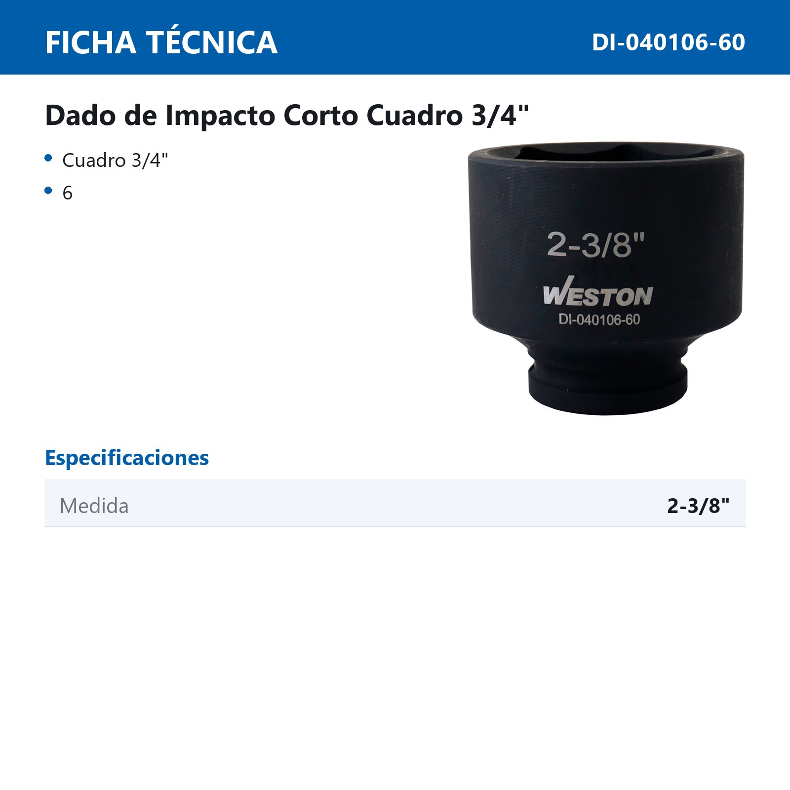 DADO DE IMPACTO CORTO CUADRO 3/4" 6 PUNTAS 2-3/8" - Imagen 4