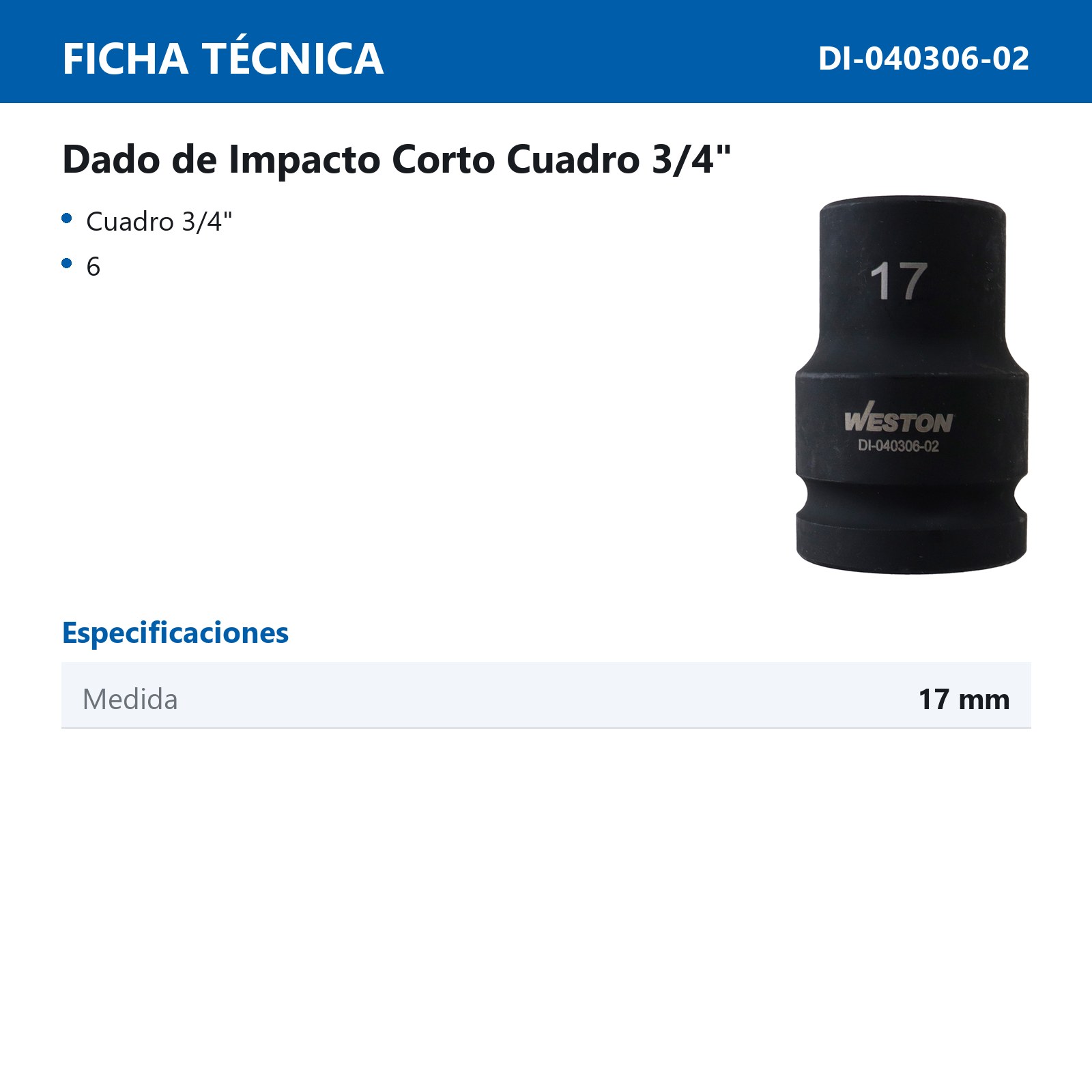 DADO DE IMPACTO CORTO CUADRO 3/4" 6 PUNTAS 17 MM - Imagen 4