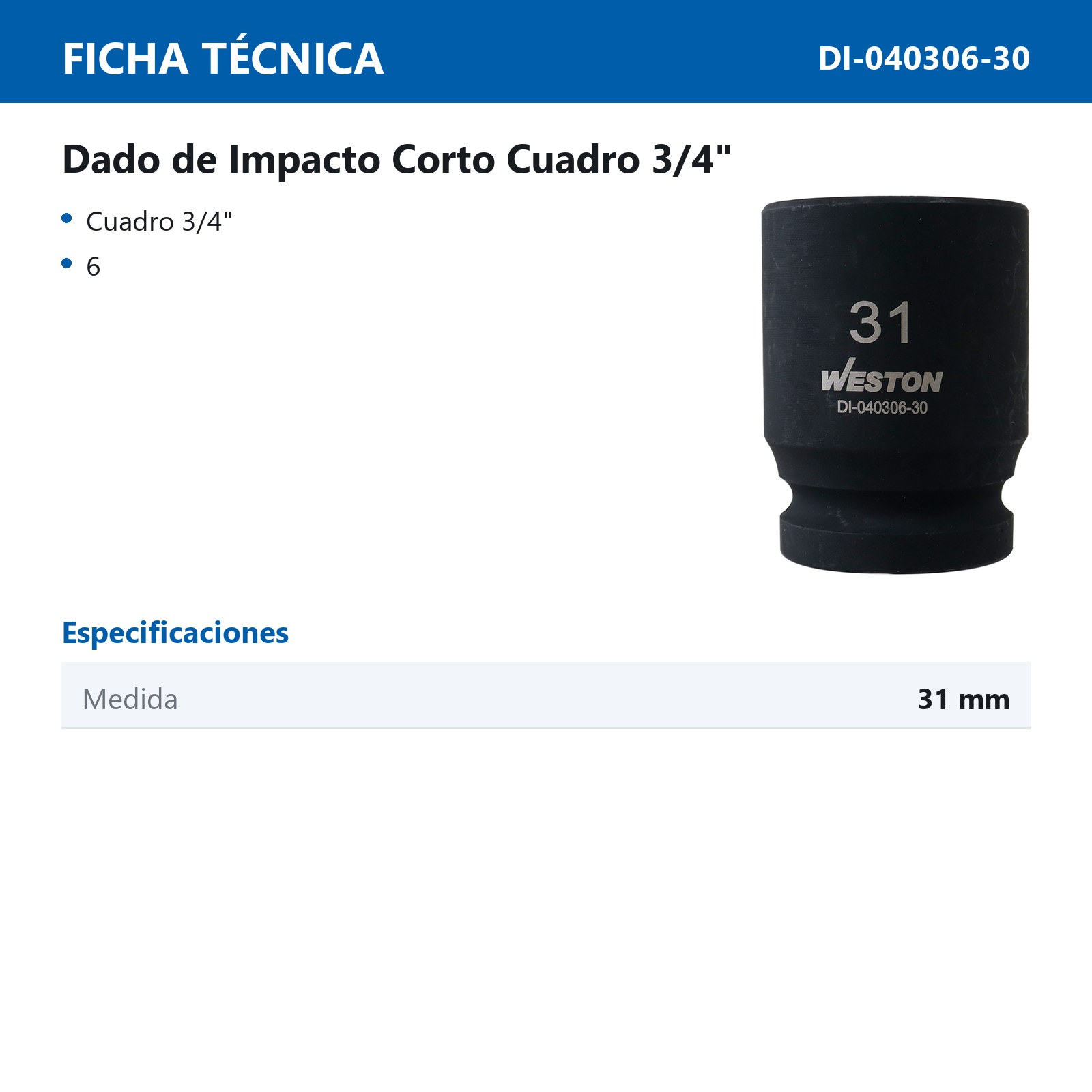 DADO DE IMPACTO CORTO CUADRO 3/4" 6 PUNTAS 31 MM - Imagen 4