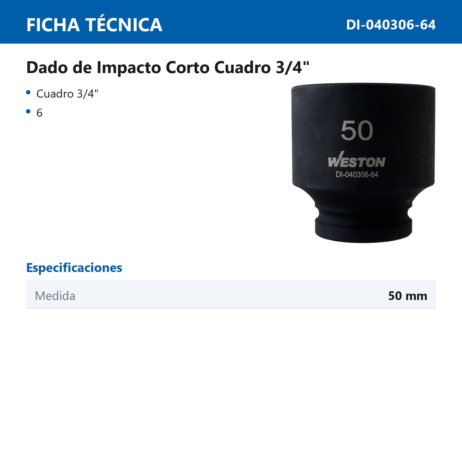 DADO DE IMPACTO CORTO CUADRO 3/4" 6 PUNTAS 50 MM - Imagen 3