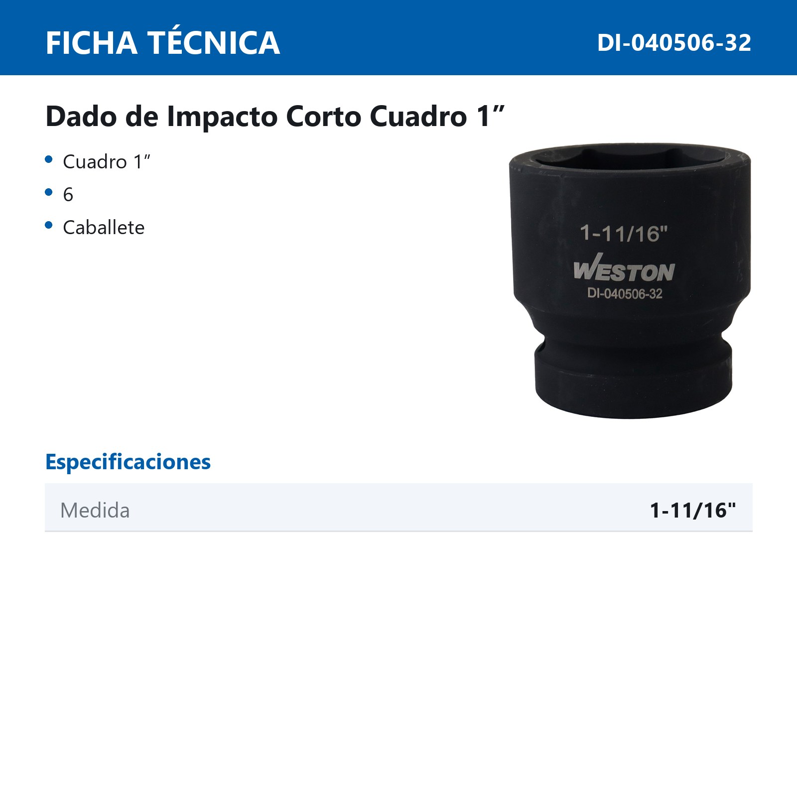 DADO DE IMPACTO CORTO CUADRO 1" 6 PUNTAS 1-11/16" - Imagen 4