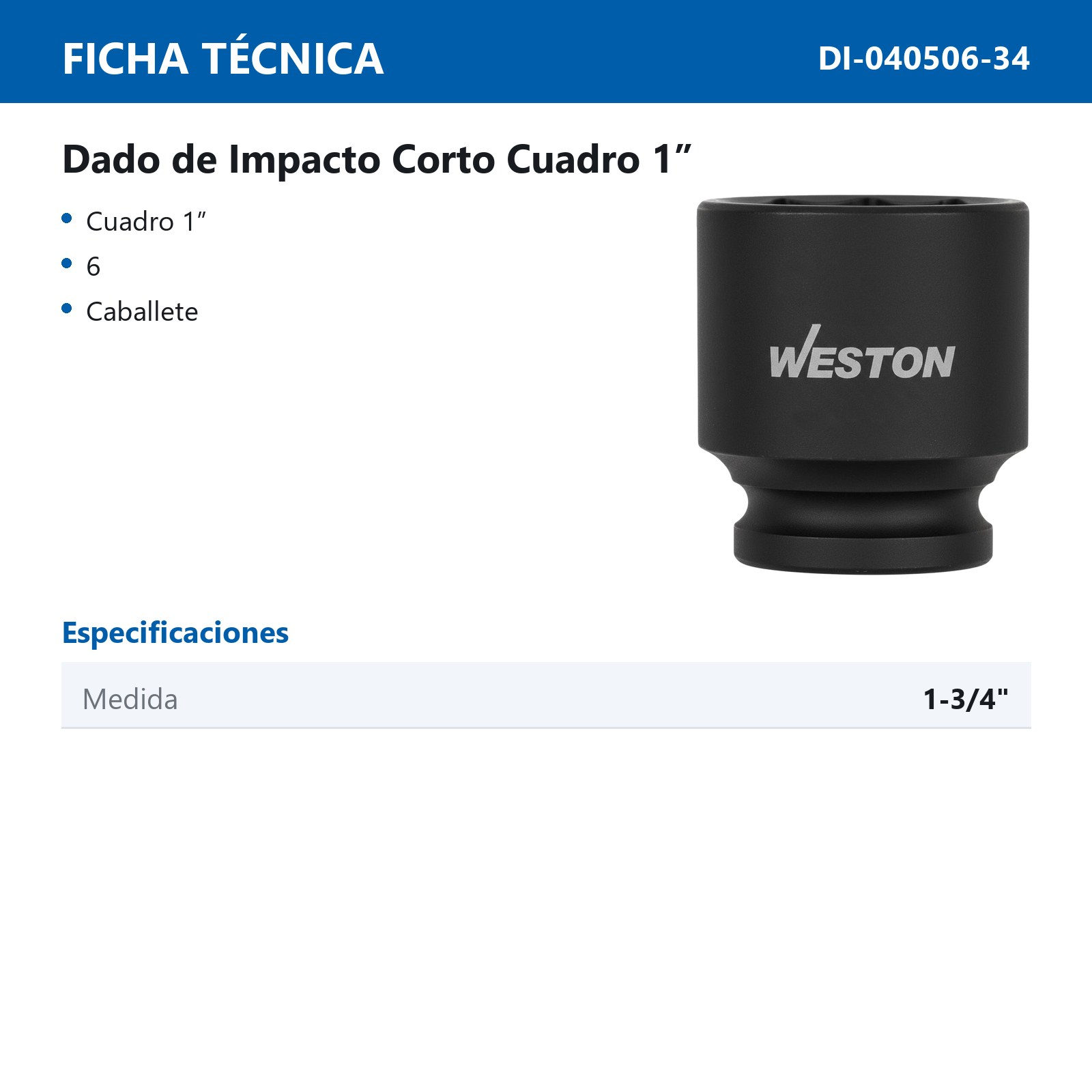 DADO DE IMPACTO CORTO CUADRO 1" 6 PUNTAS 1-3/4" - Imagen 2